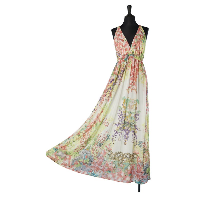 roberto cavalli beach dress 2004 Roberto Cavalli Metallic Silk 'Lady Print' High-Slit Trained Gown
