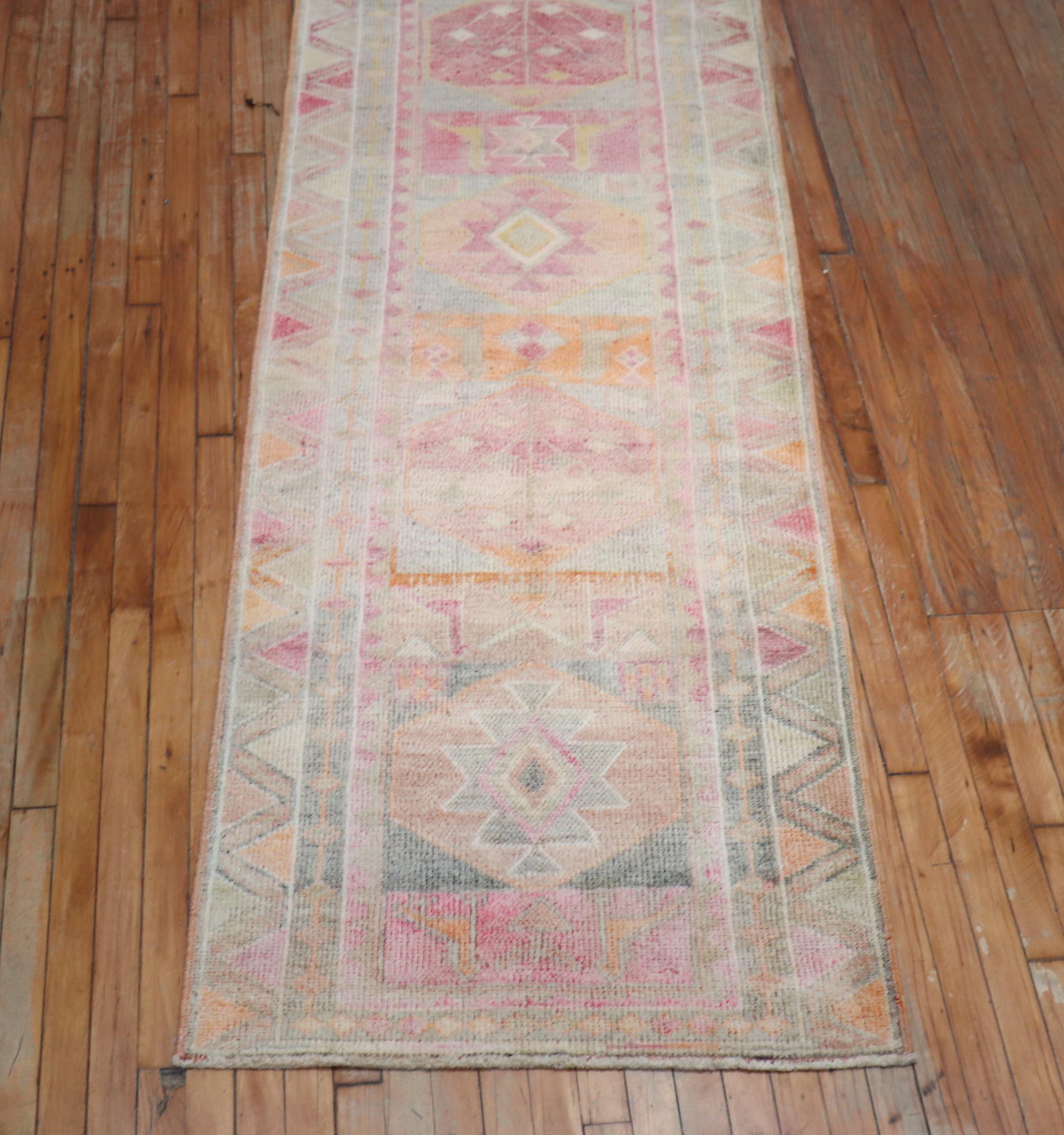 Long Pastel Turkish Anatolian Geometric Runner For Sale 6