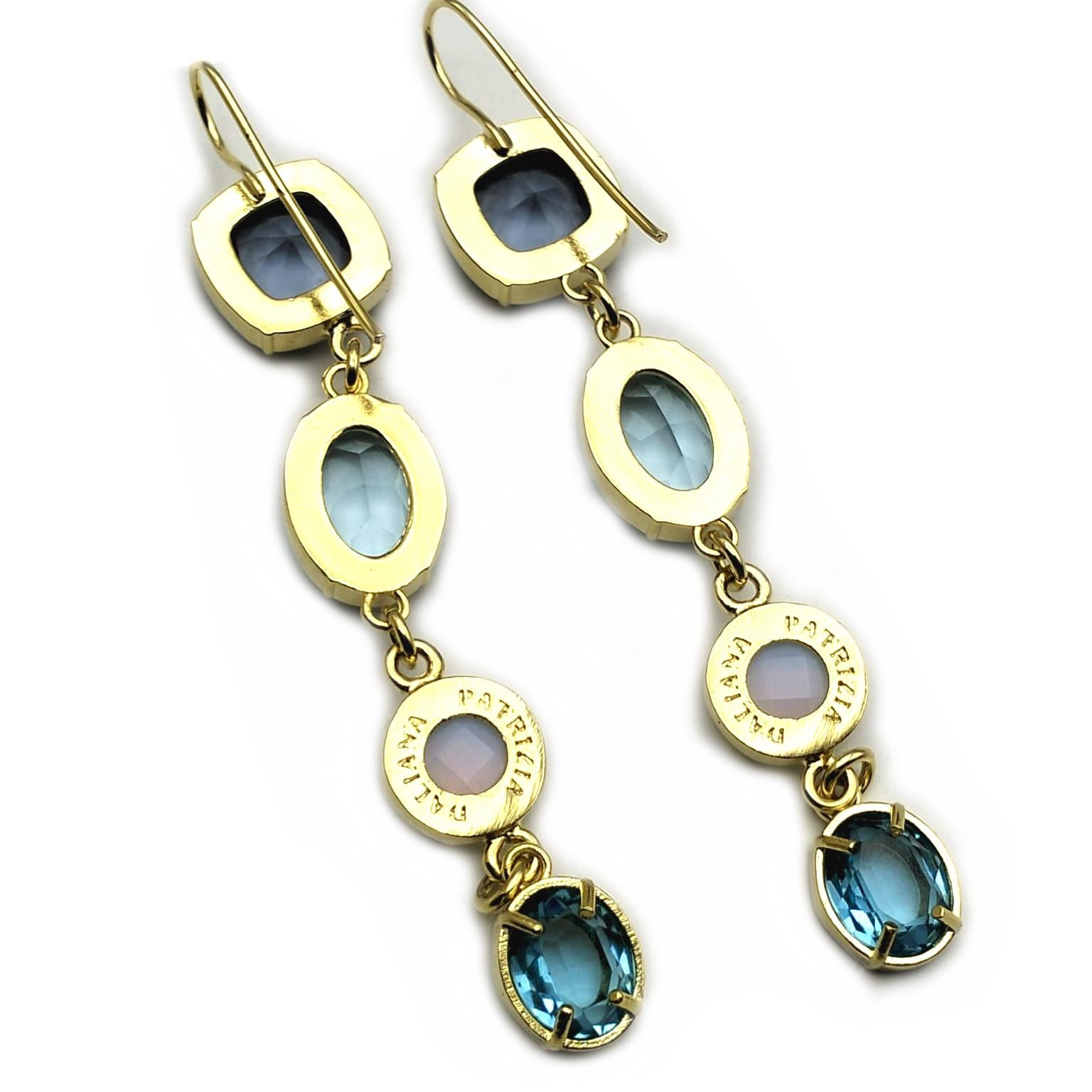 Artisan Long Patrizia Daliana earrings in 24 KT gilded bronze with briolette crystals For Sale