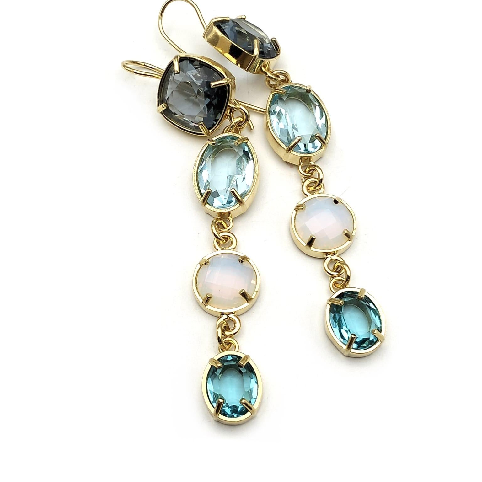 Briolette Cut Long Patrizia Daliana earrings in 24 KT gilded bronze with briolette crystals For Sale