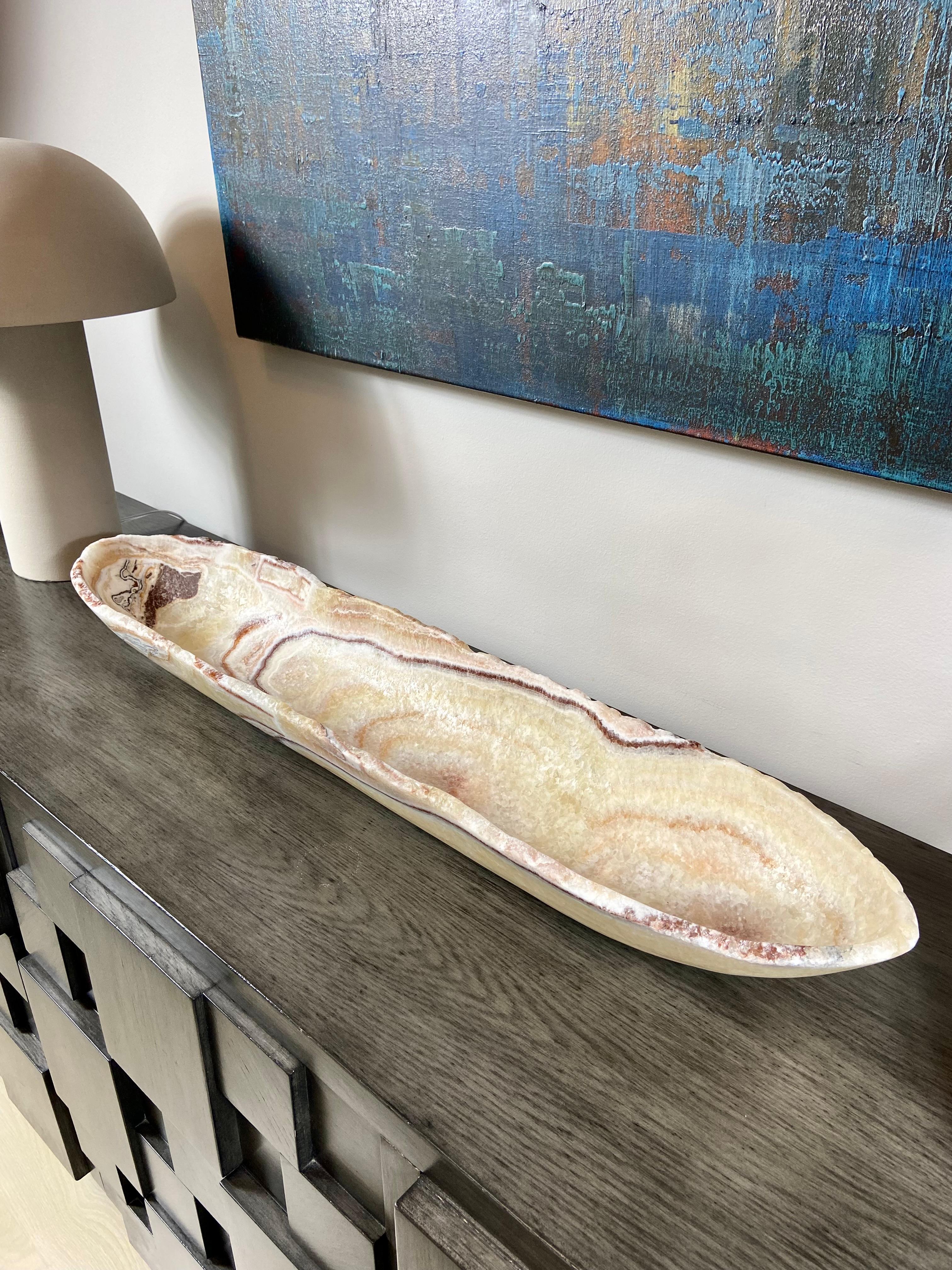Hand-Carved Long Patterned Onyx Bowl For Sale