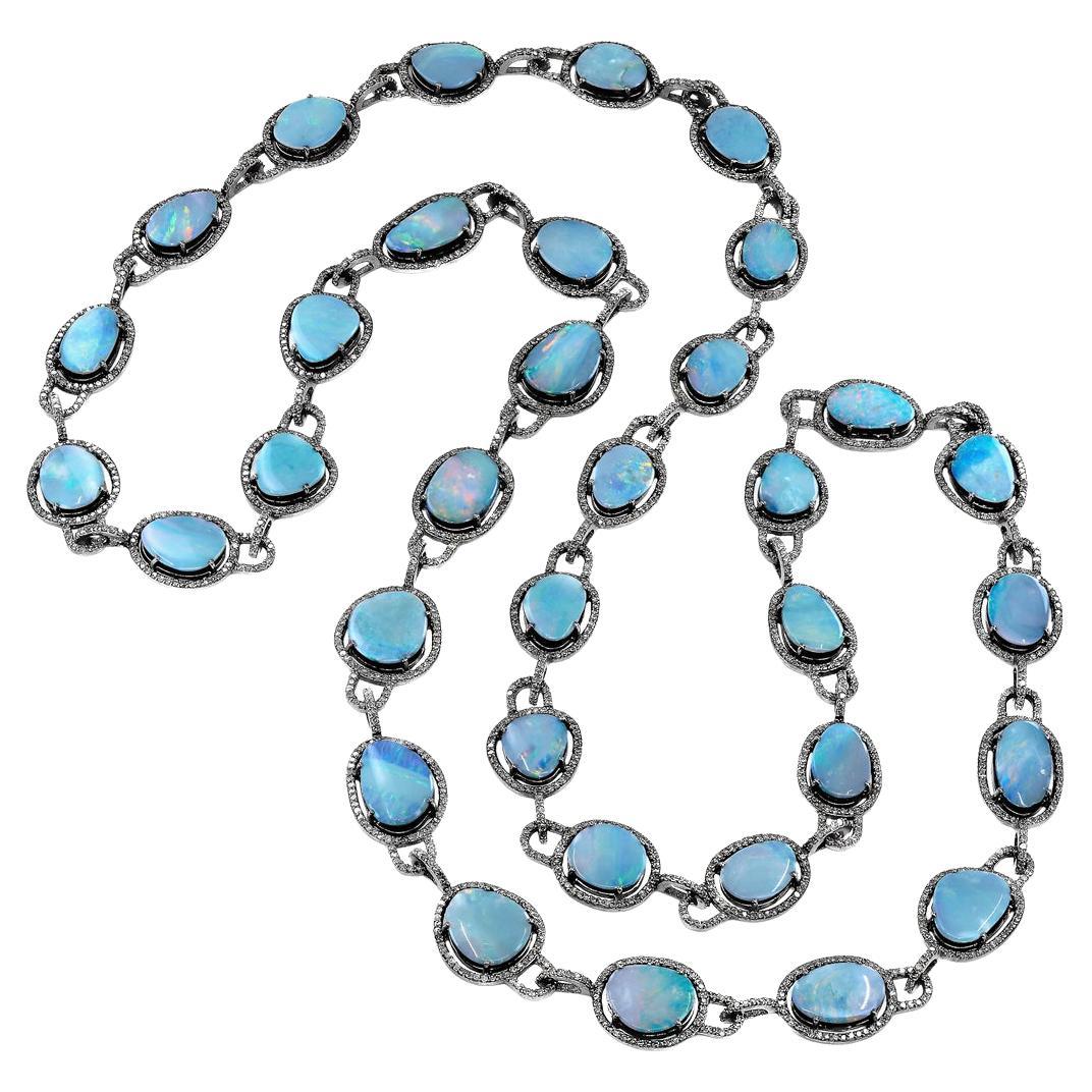 Collana lunga con pavé di diamanti e opale blu e doppietta in argento rodiato nero A. Silver
