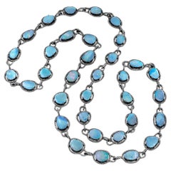 Long Pave Diamond Blue Opal Doublet Black Rhodium Silver Link Necklace