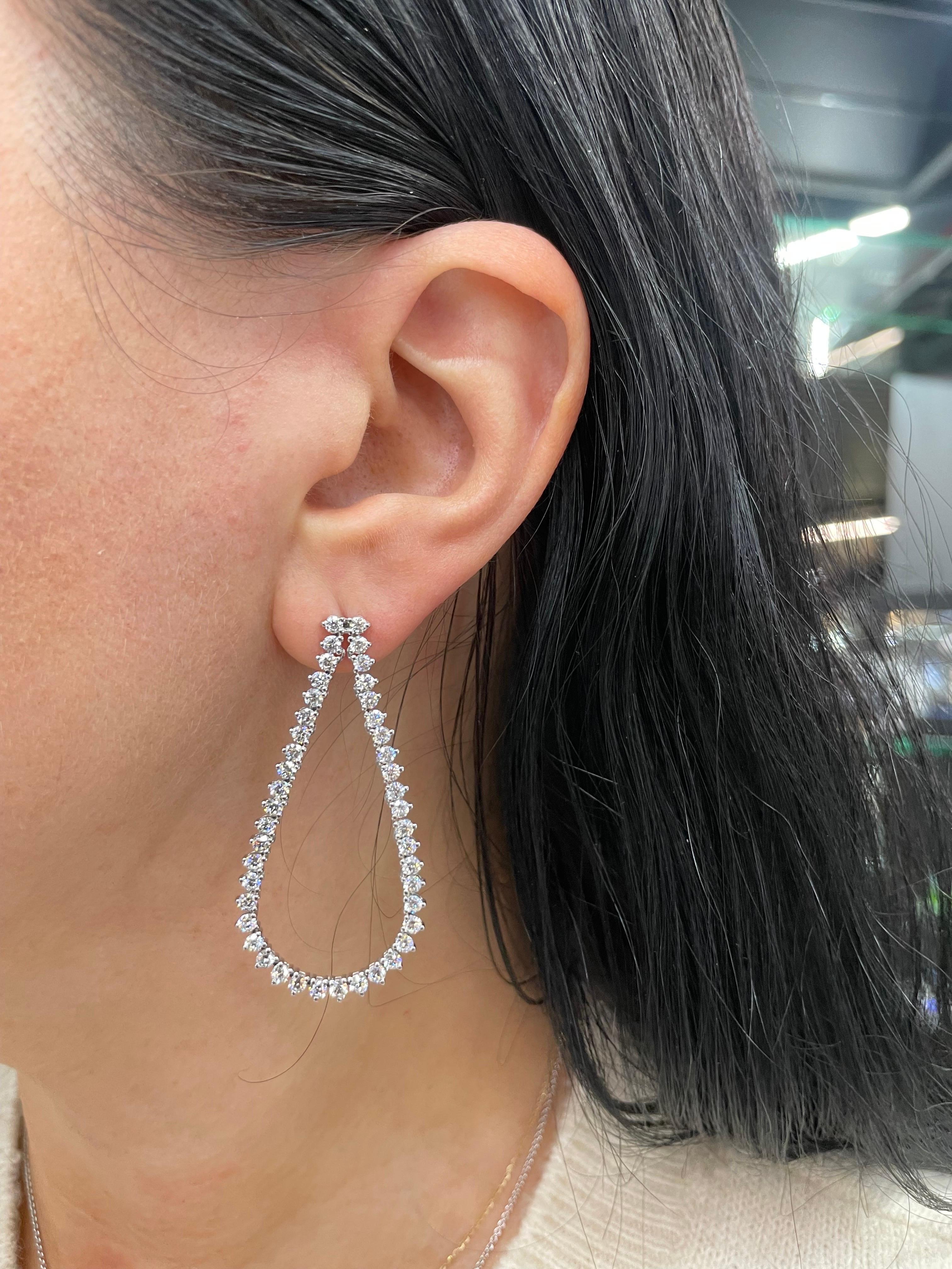 Round Cut Long Pear Motif Diamond Drop Earring 4.19 Carats 18 Karat White Gold 2 Inches For Sale
