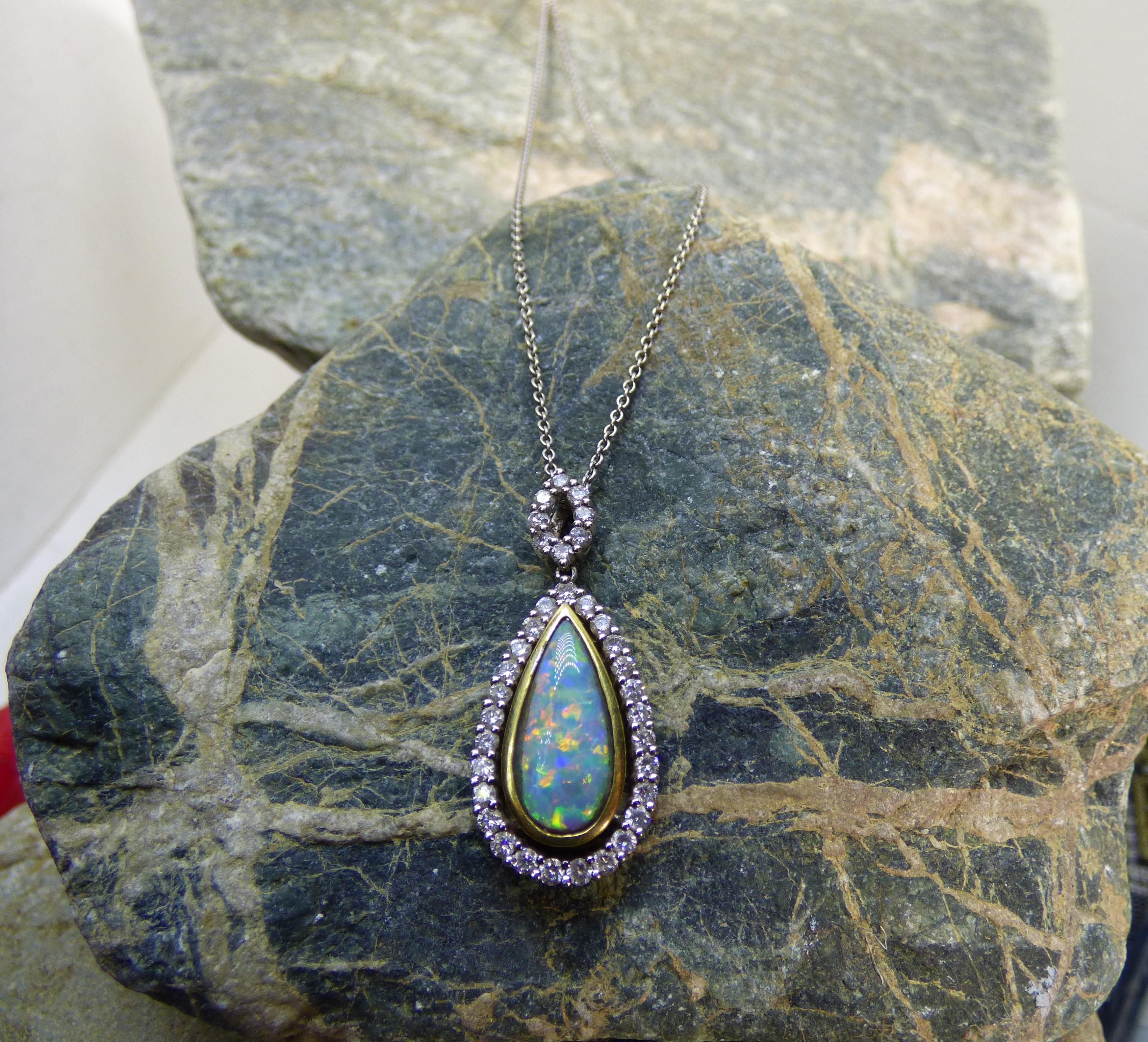 Pear Cut Long pear shaped Opal and Diamond Pendant with 18