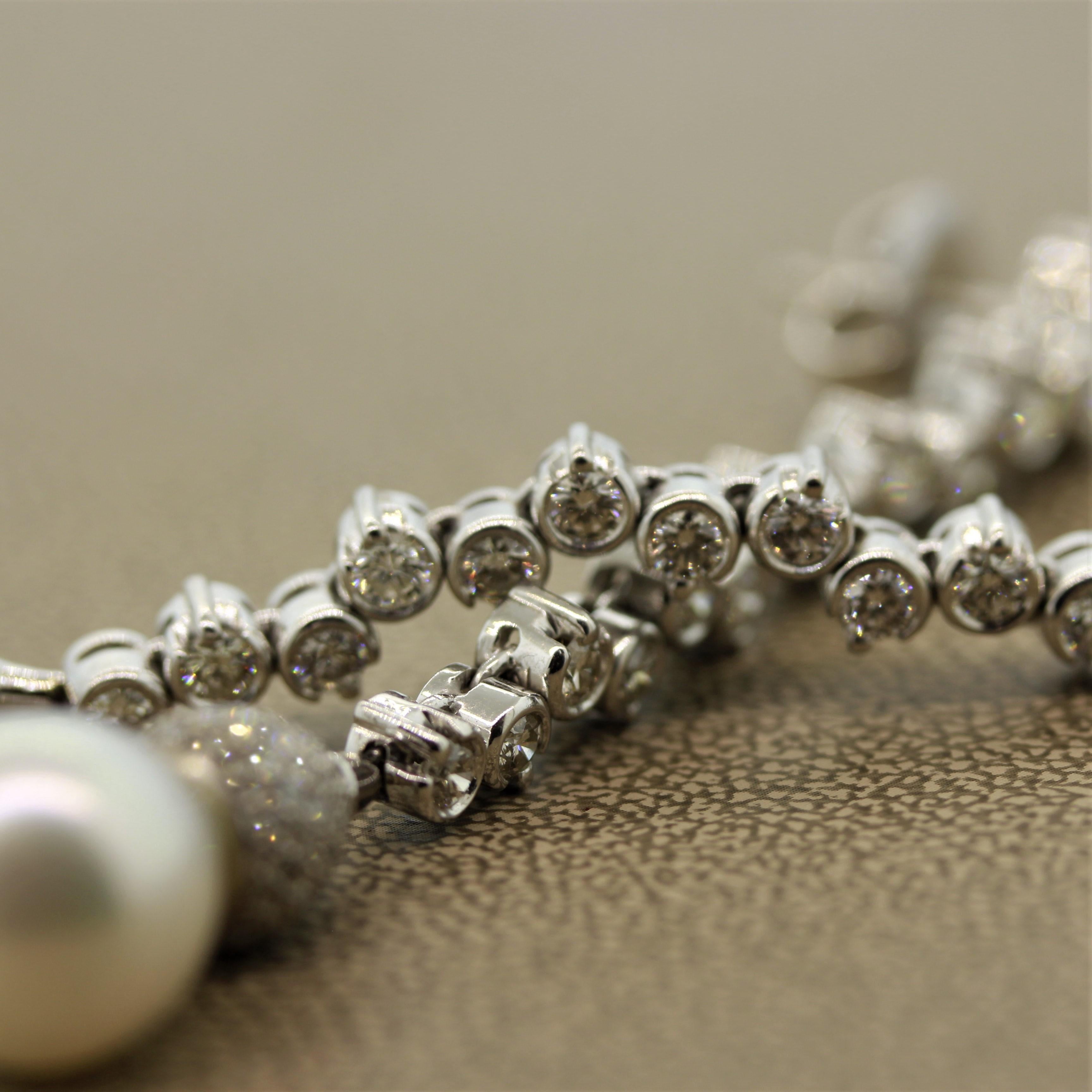 Long Pearl Diamond Gold Drop Earrings 6