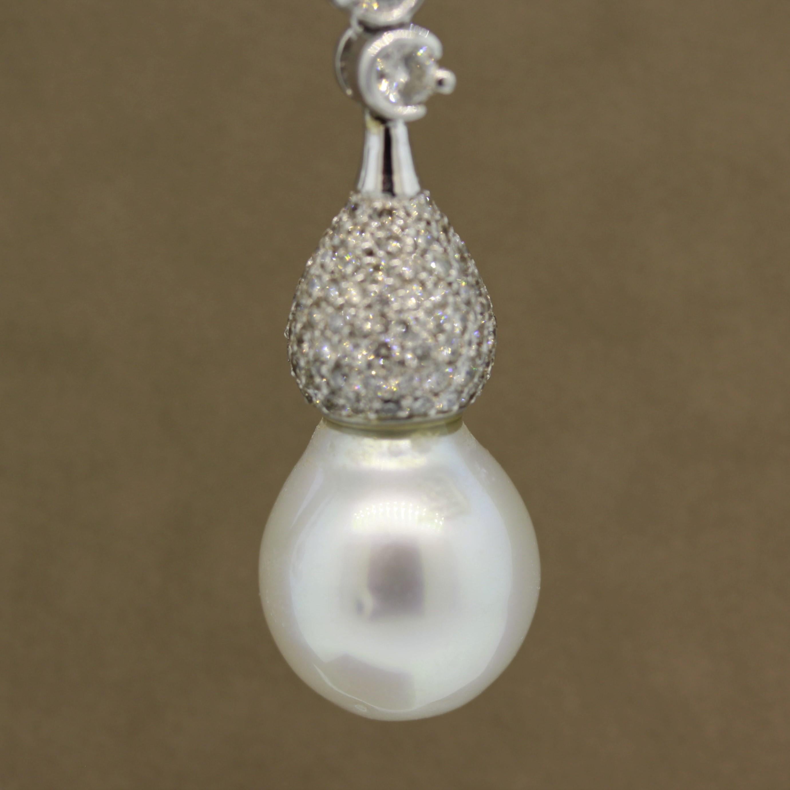 Round Cut Long Pearl Diamond Gold Drop Earrings