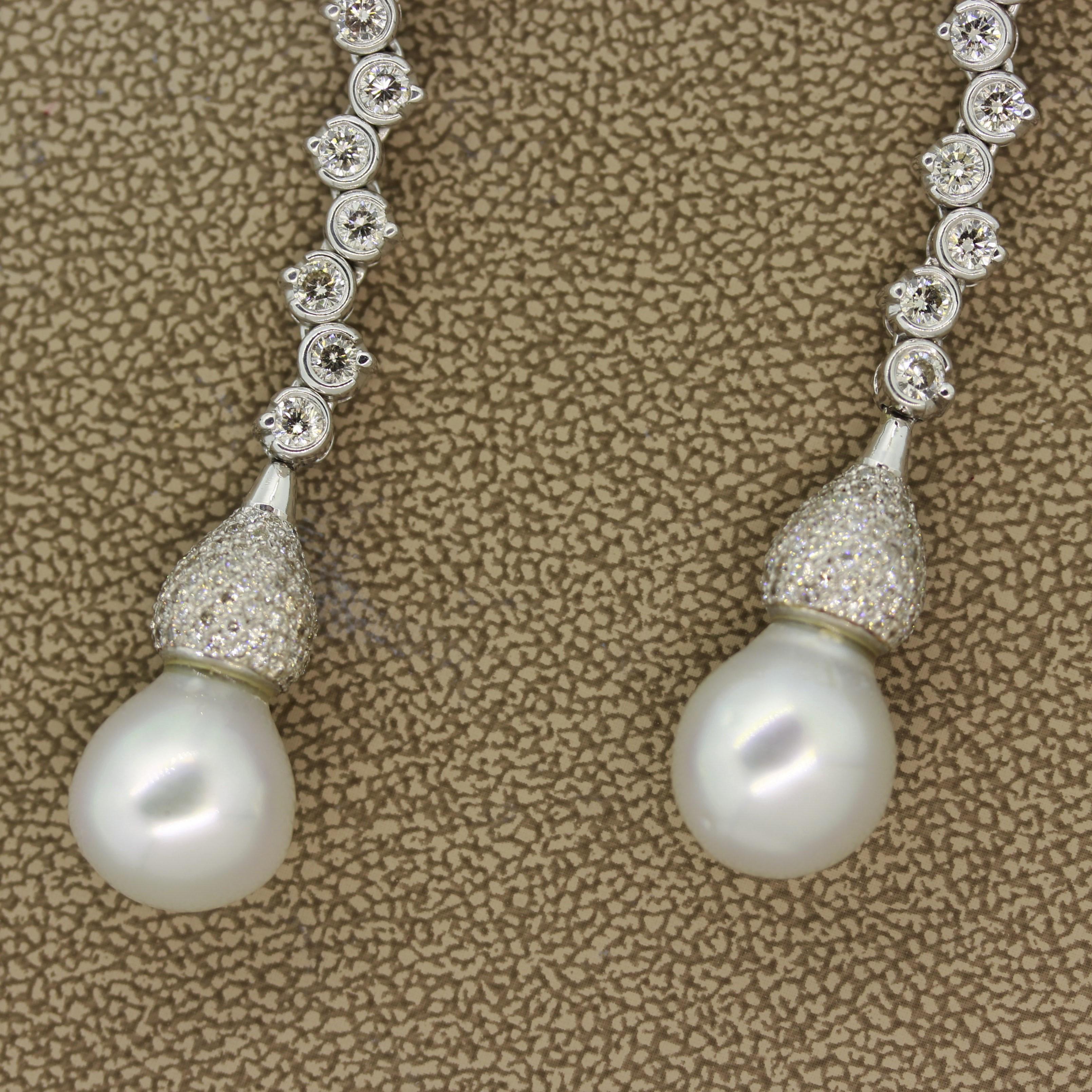 Long Pearl Diamond Gold Drop Earrings 2