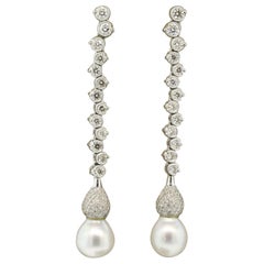 Long Pearl Diamond Gold Drop Earrings