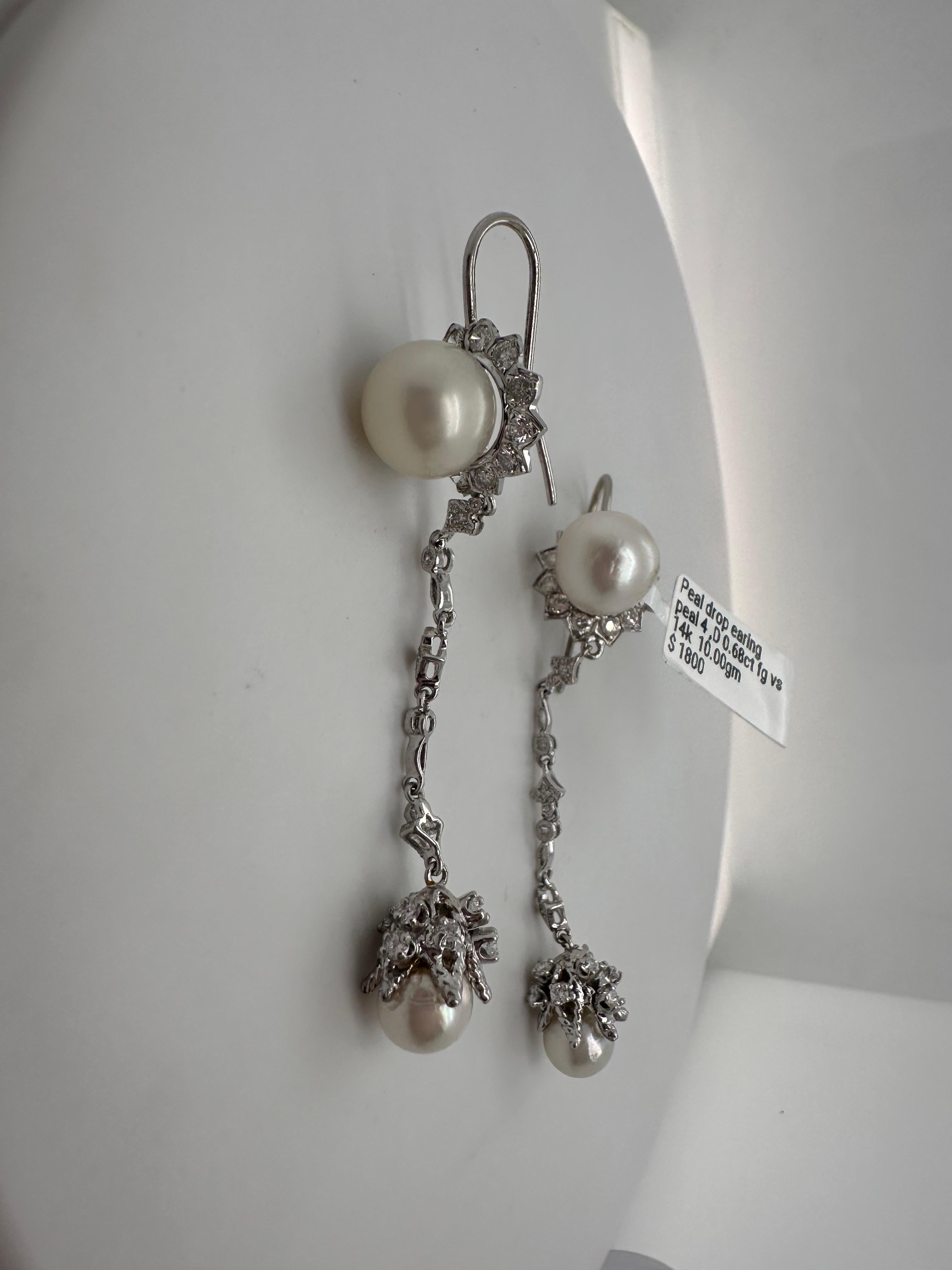Long pearl earrings with 0.68 carats of diamonds, stunning sparking classical earrings with natural pearls!

Metal Type: 14KT

Natural Diamond(s): 
Color: F-G
Cut:Round Brilliant
Carat: 0.68ct
Clarity: VS-SI

Certificate of authenticity comes with