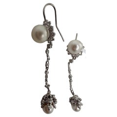 Long pearl earrings with diamonds cocktail dangling earrings 14kt gold