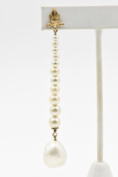 Long Pearl Yellow Gold Leaf Drop Dangle Earrings