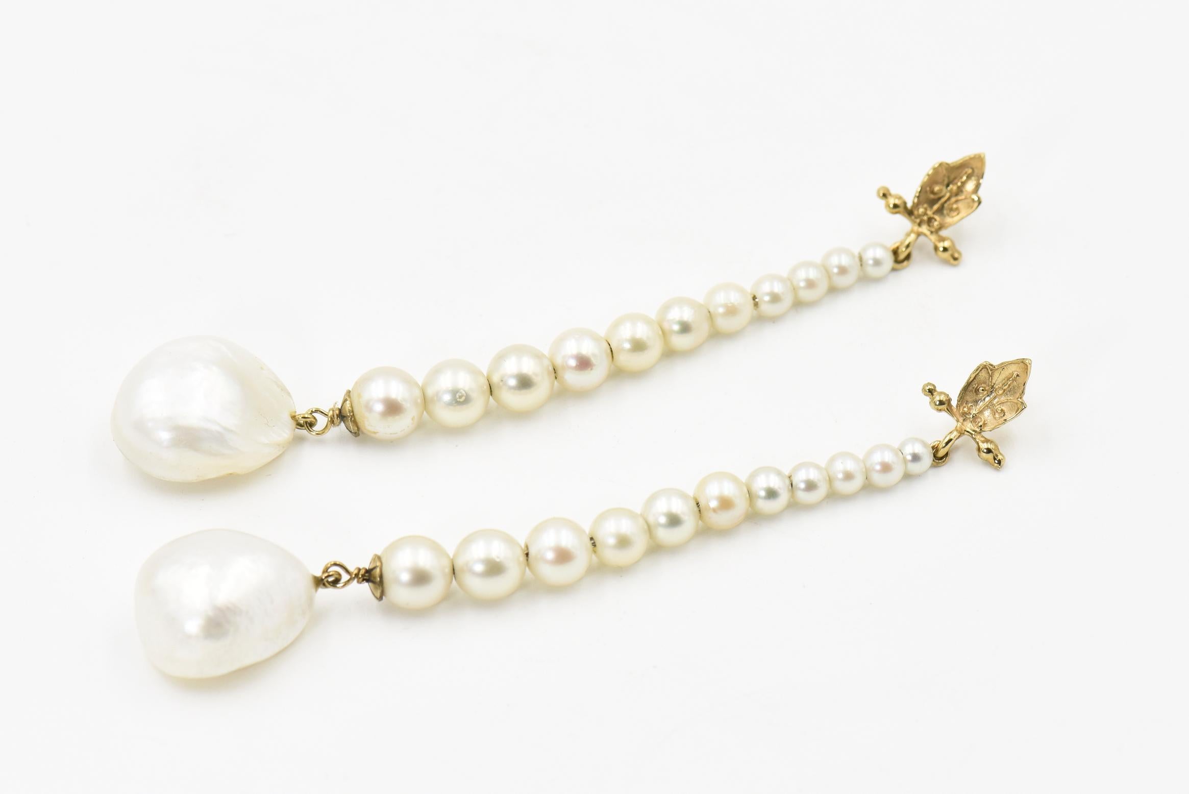 Bead Long Pearl Yellow Gold Leaf Drop Dangle Earrings For Sale