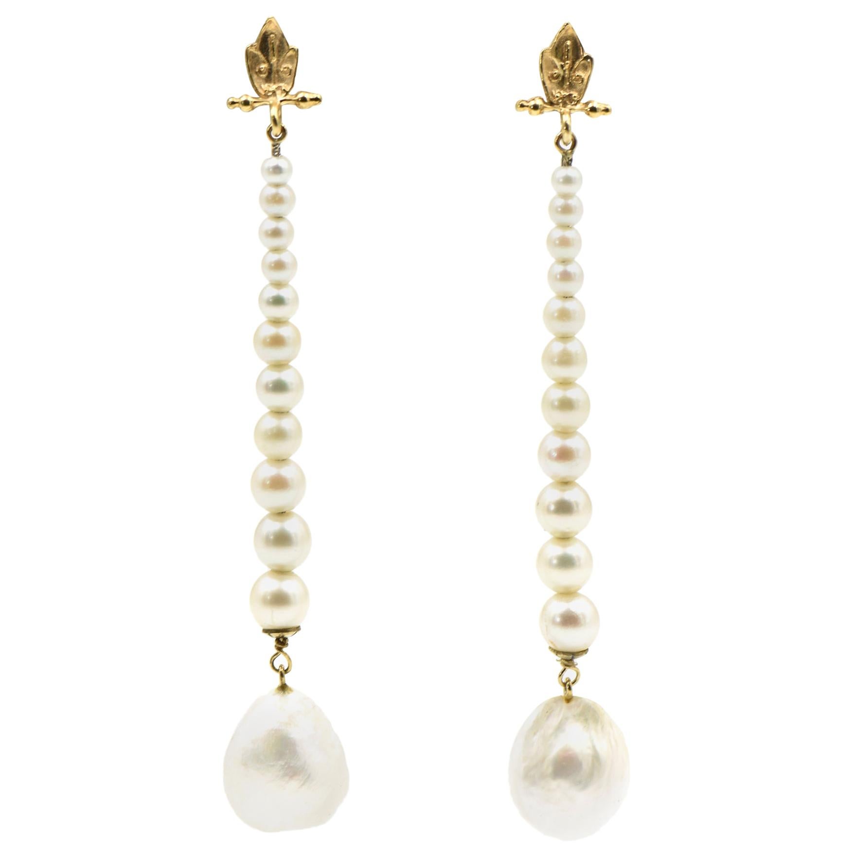 Long Pearl Yellow Gold Leaf Drop Dangle Earrings For Sale