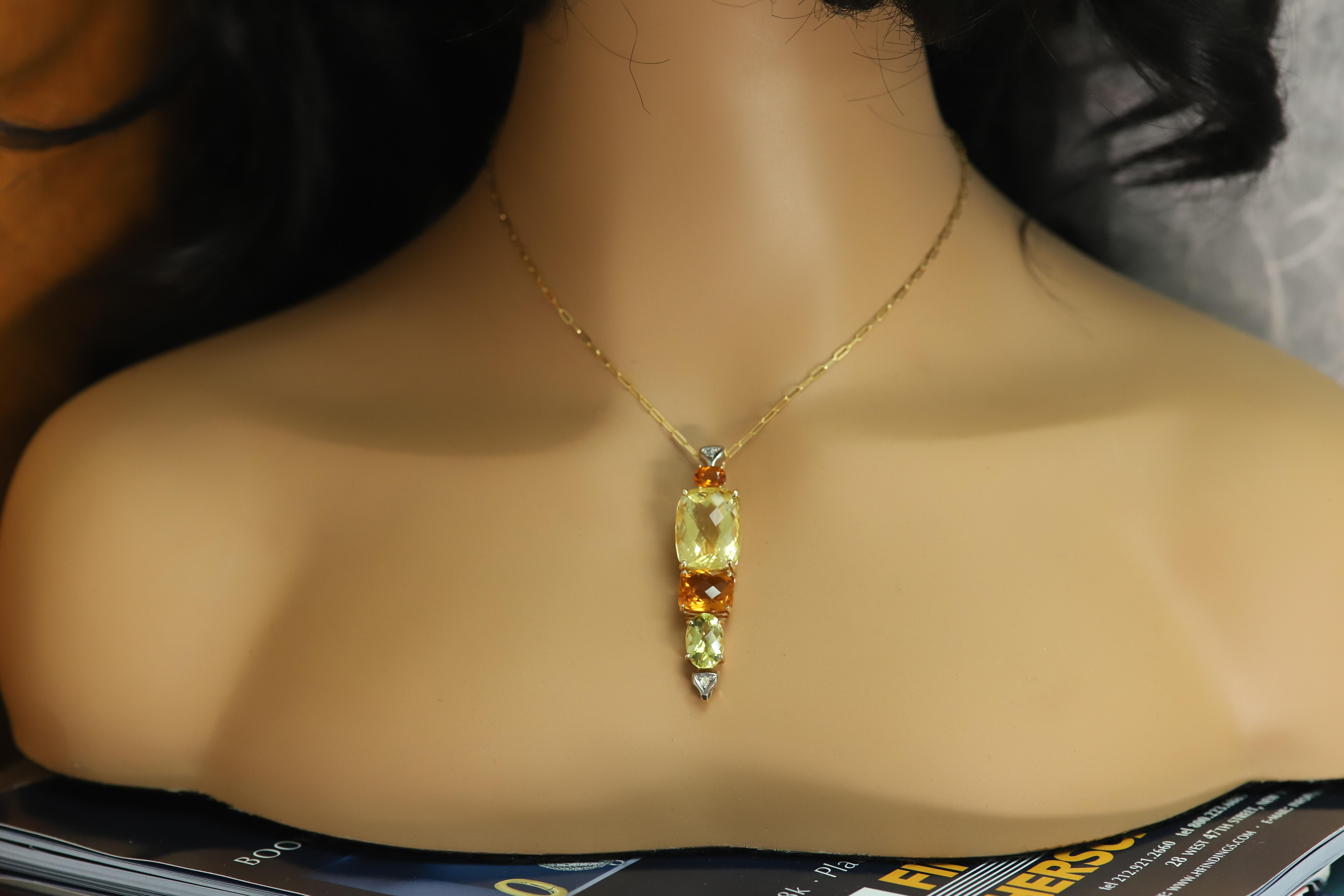 Langer Anhänger Brilliant Citrin Lemon und orangefarbene Edelsteine 14 Karat im Zustand „Neu“ im Angebot in Brooklyn, NY