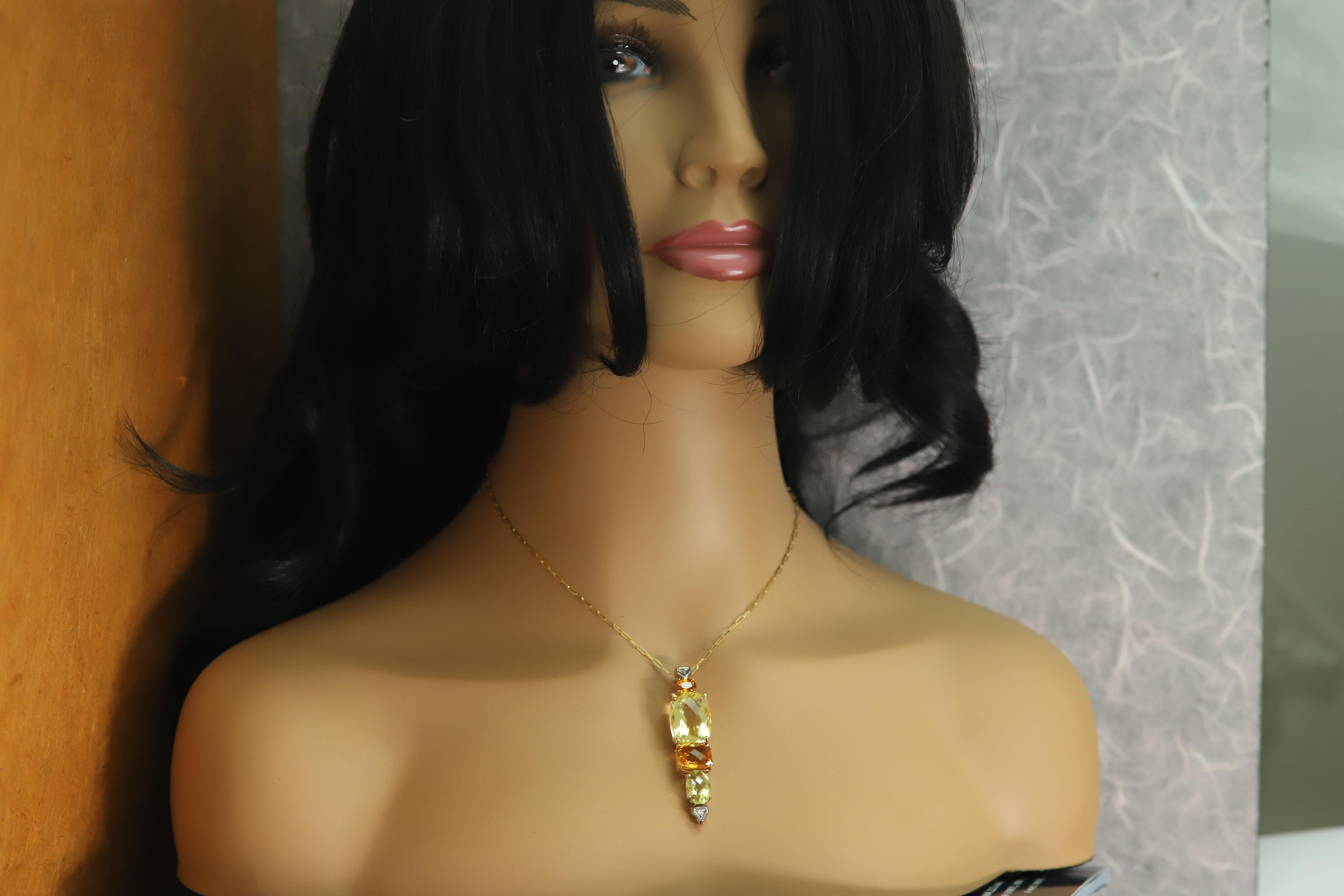 Langer Anhänger Brilliant Citrin Lemon und orangefarbene Edelsteine 14 Karat Damen im Angebot