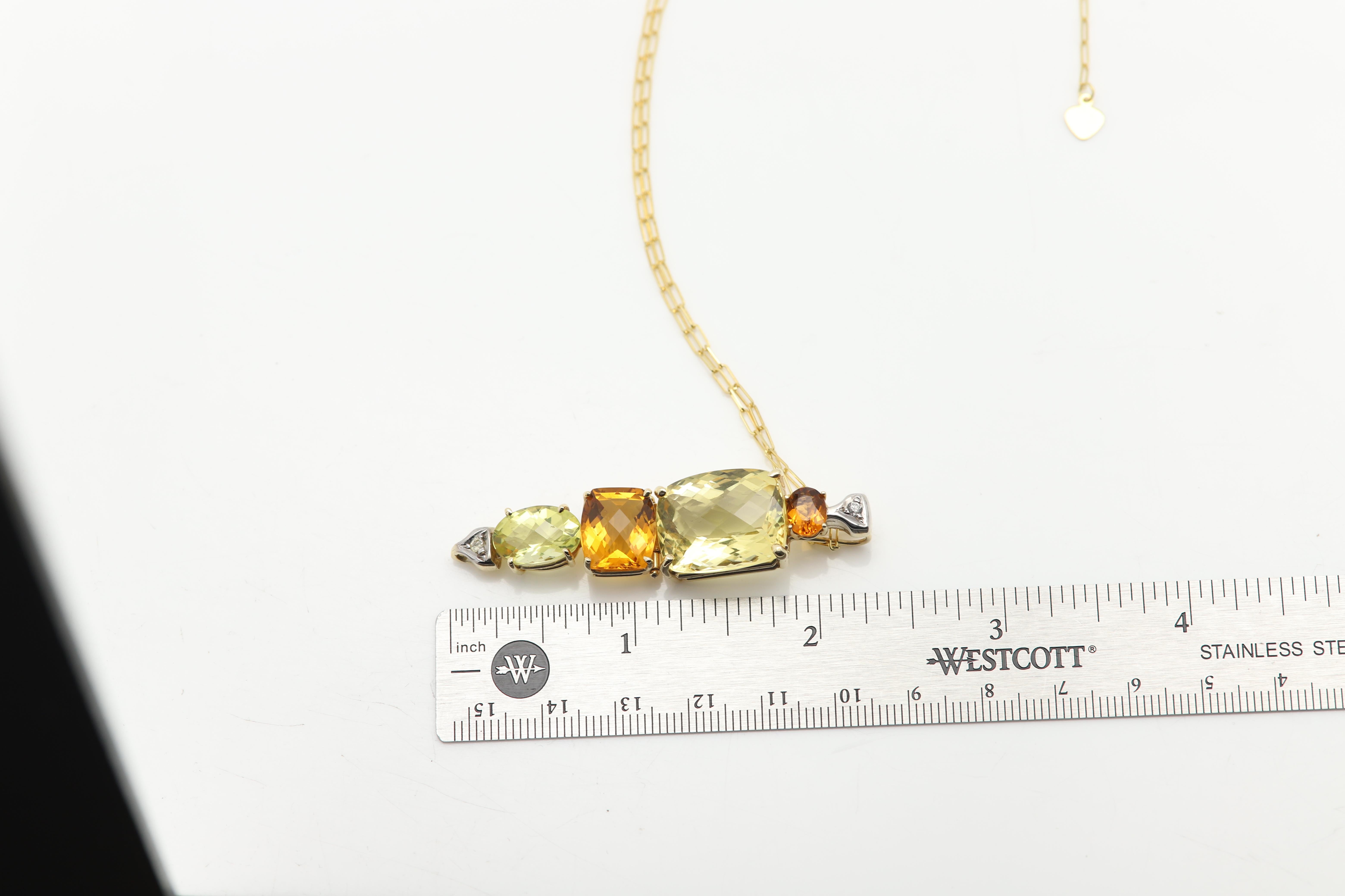 Langer Anhänger Brilliant Citrin Lemon und orangefarbene Edelsteine 14 Karat im Angebot 4