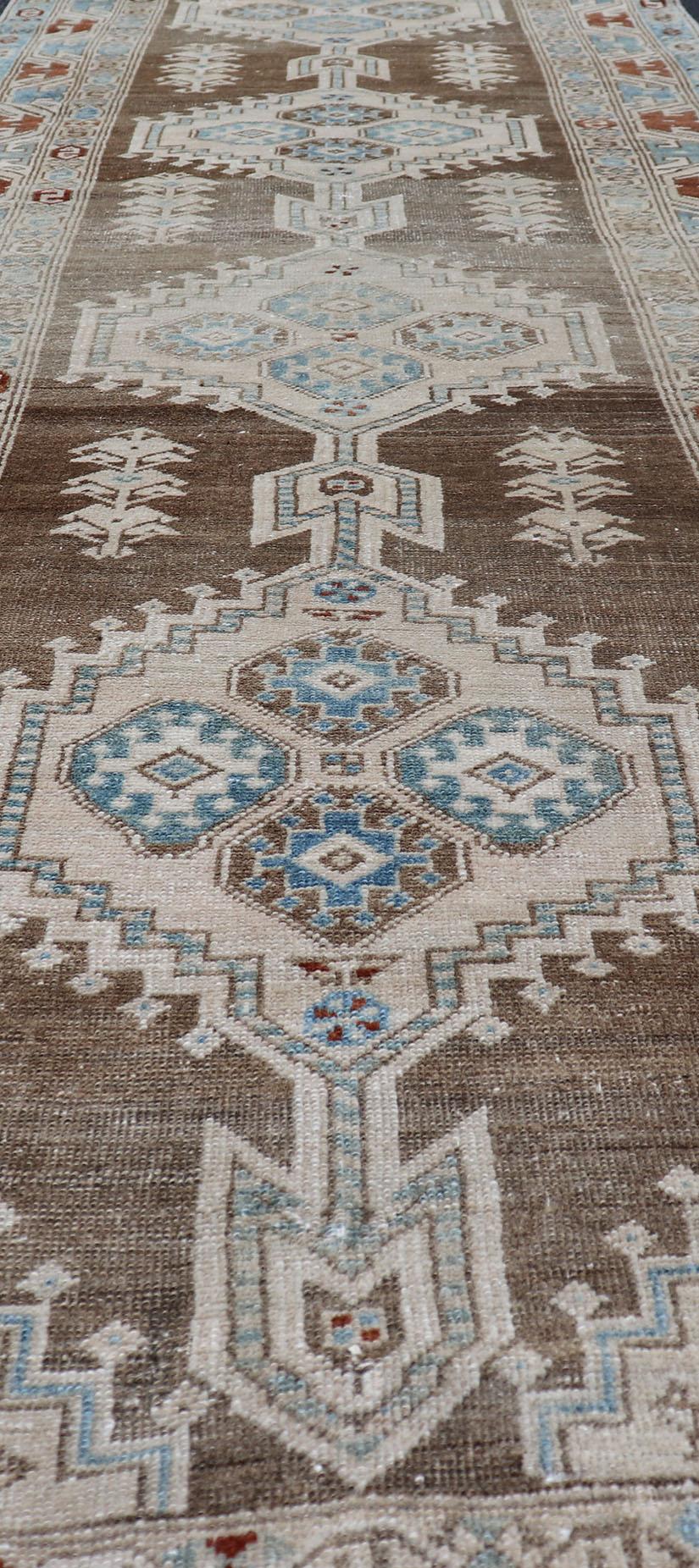 Long Persian Heriz Runner with Central Medallions in Brown, Blue, Tan & Red For Sale 4