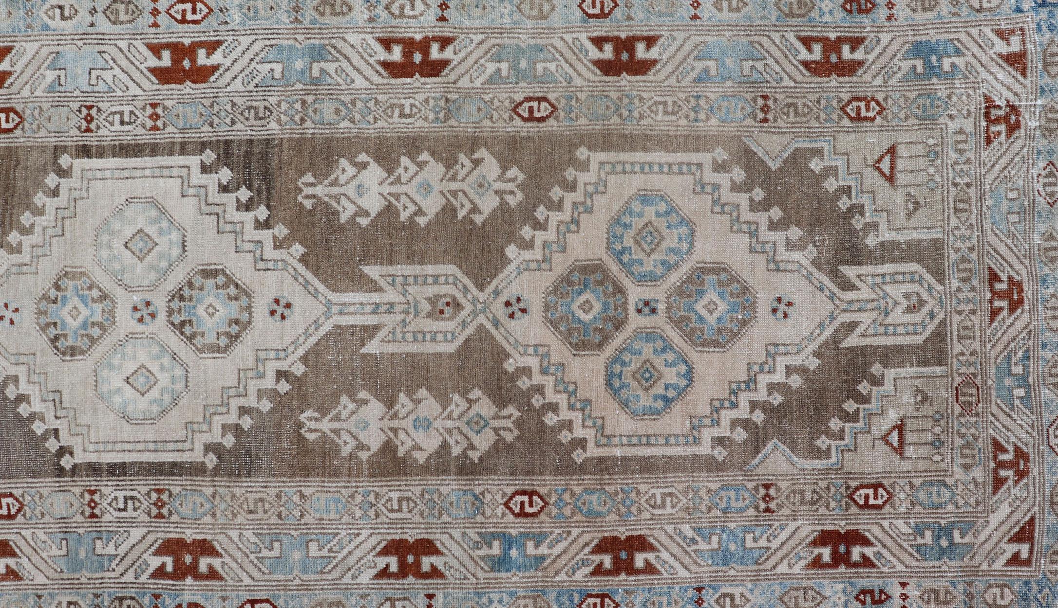 Long Persian Heriz Runner with Central Medallions in Brown, Blue, Tan & Red For Sale 6