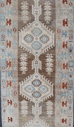 Long Persian Heriz Runner with Central Medallions in Brown, Blue, Tan & Red