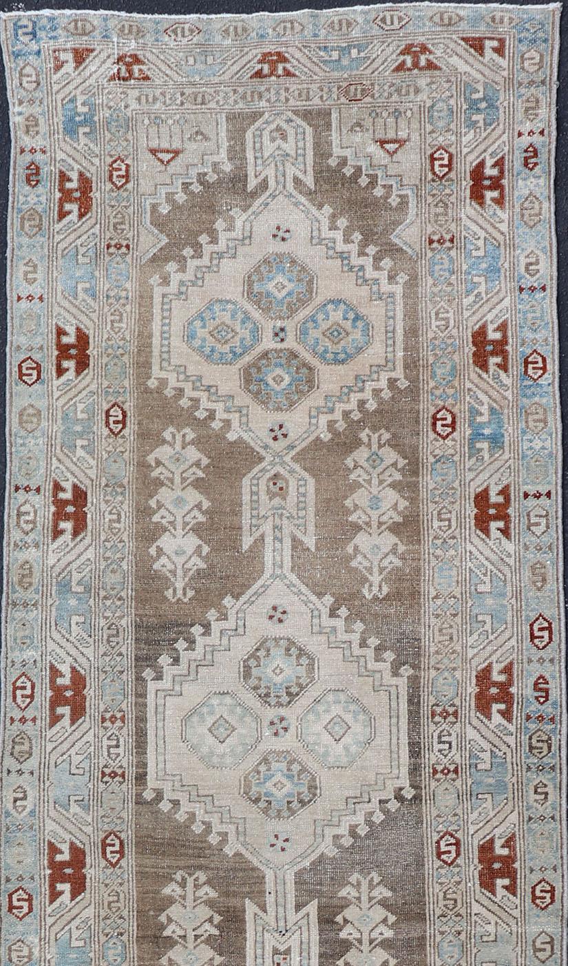 Heriz Serapi Long Persian Heriz Runner with Central Medallions in Brown, Blue, Tan & Red For Sale