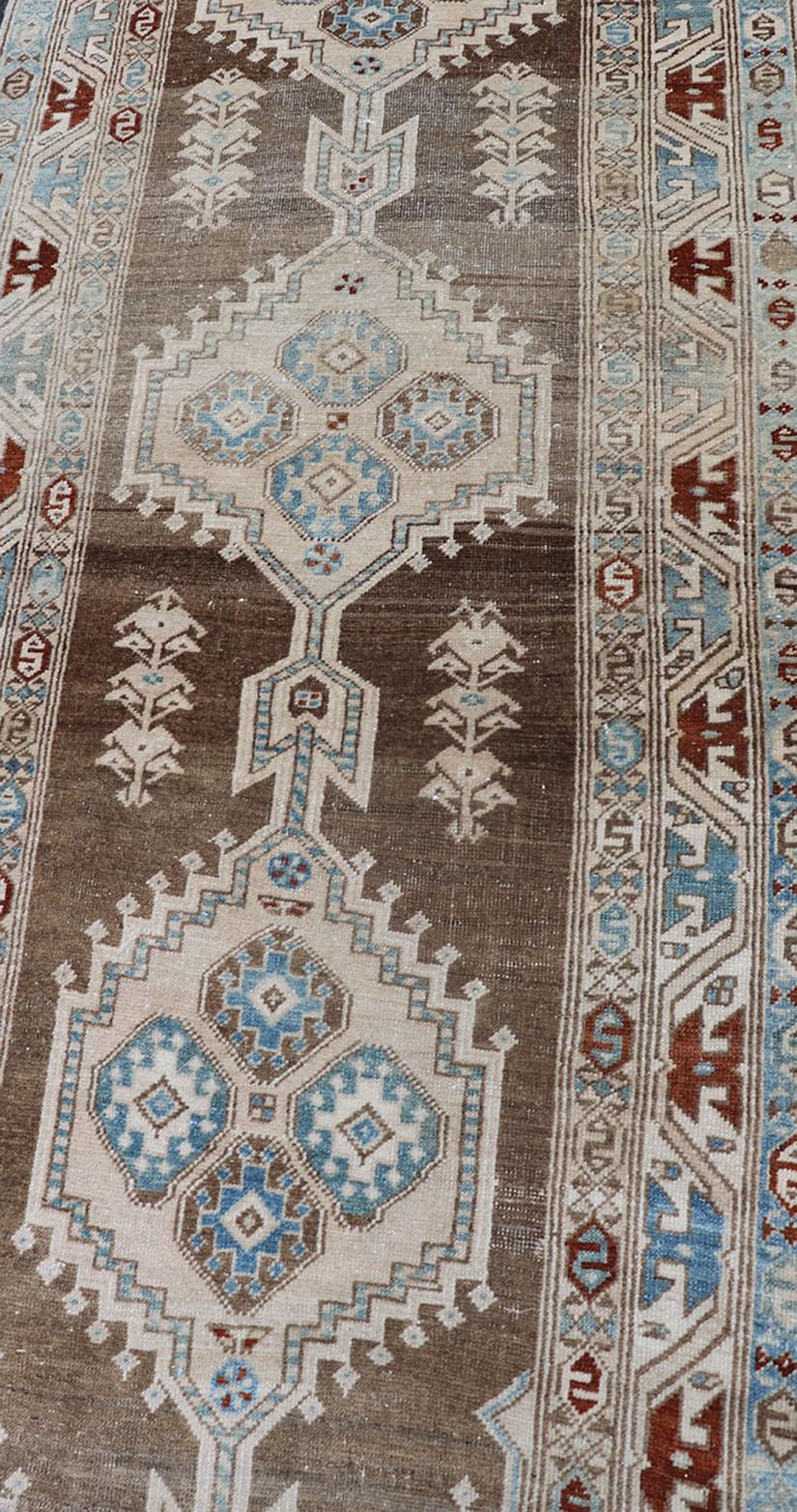 Long Persian Heriz Runner with Central Medallions in Brown, Blue, Tan & Red For Sale 2