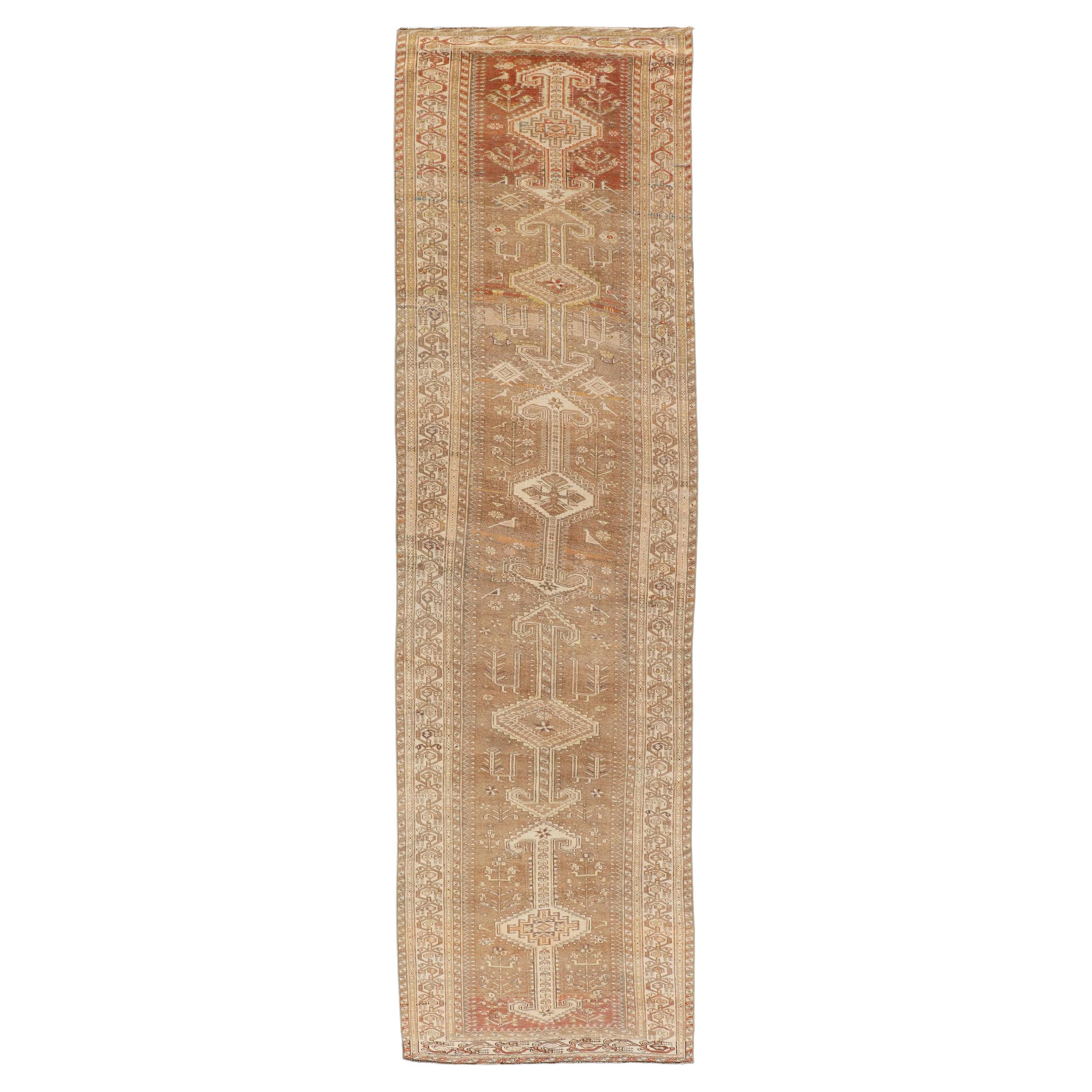 Long Persian Heriz Runner with Central Medallions in Brown & Tan   3'9 x 14'3