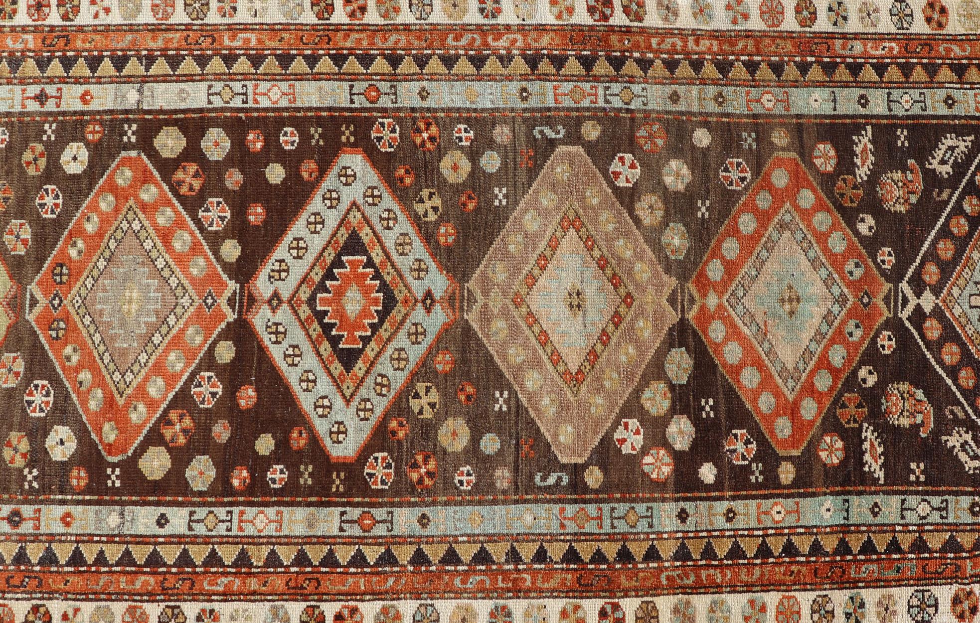 Long Persian Kurdish Runner with Medallion Design in Brown, Orange and Cream For Sale 5