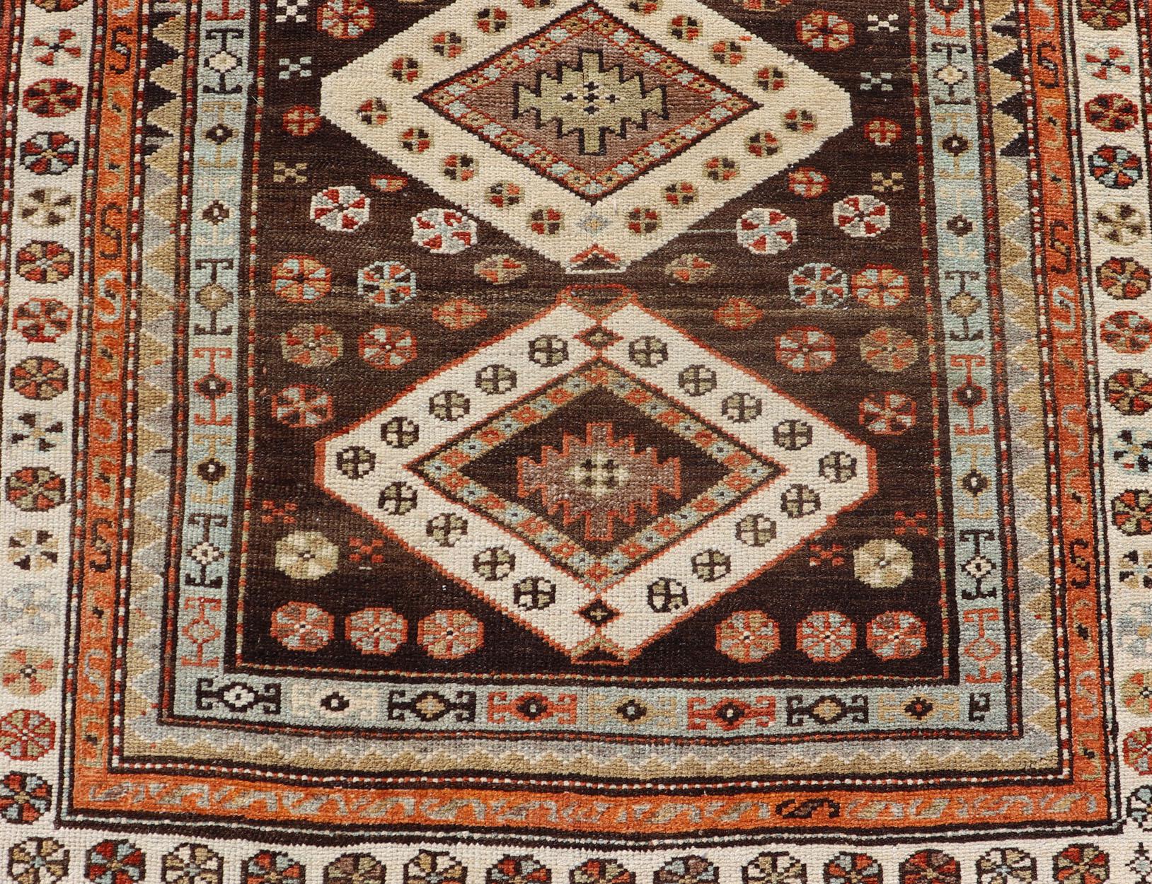 Long Persian Kurdish Runner with Medallion Design in Brown, Orange and Cream For Sale 6