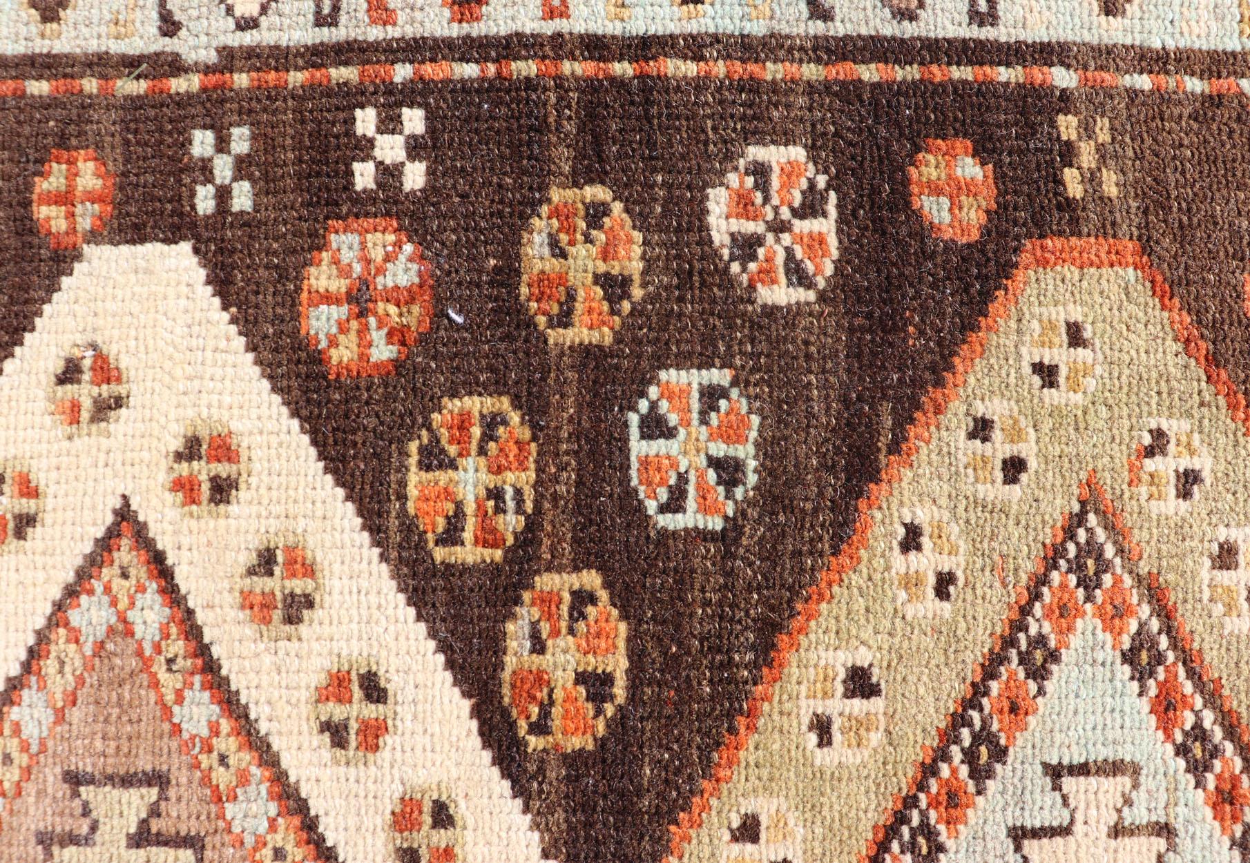 Long Persian Kurdish Runner with Medallion Design in Brown, Orange and Cream For Sale 8