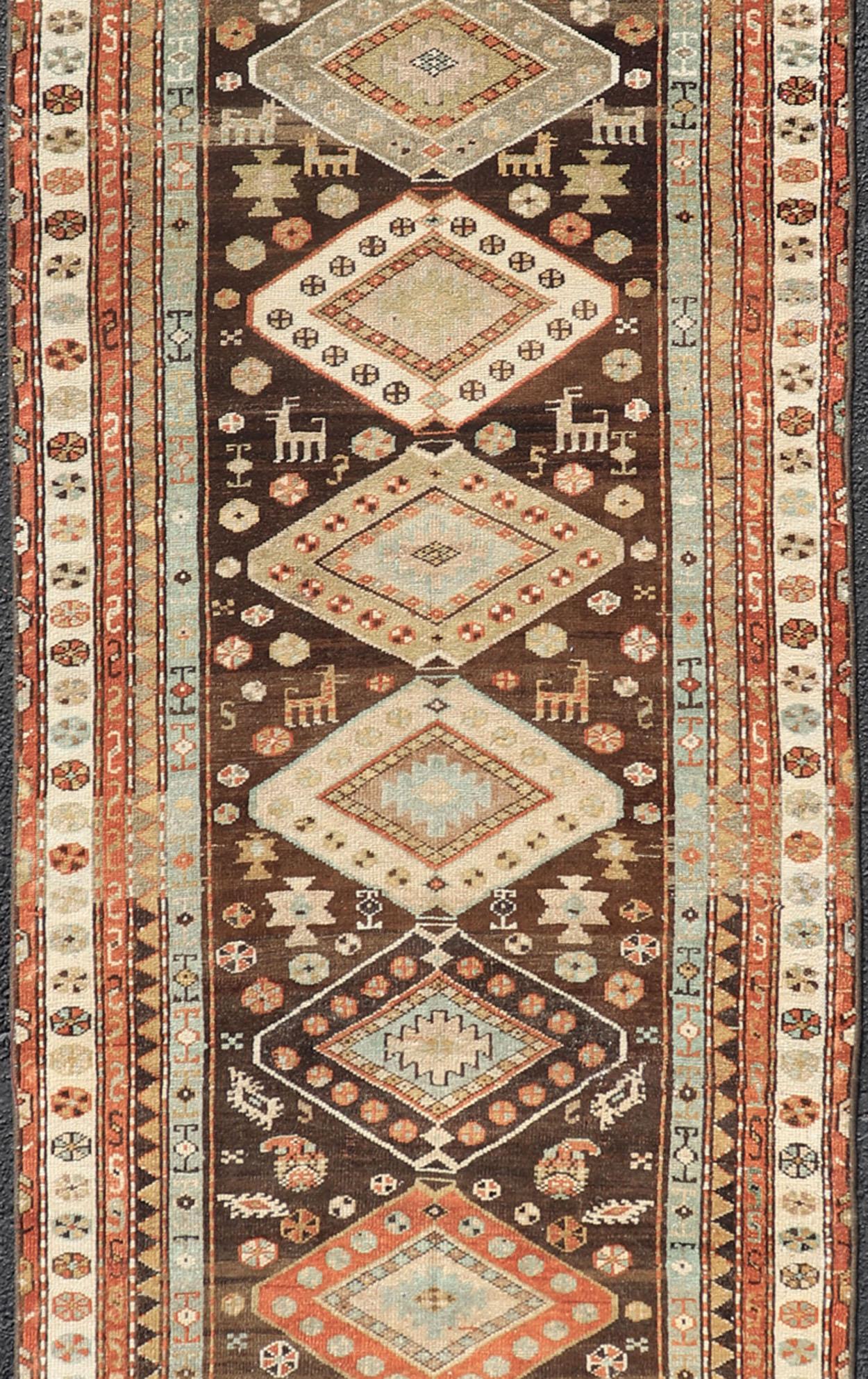 Malayer Long Persian Kurdish Runner with Medallion Design in Brown, Orange and Cream For Sale