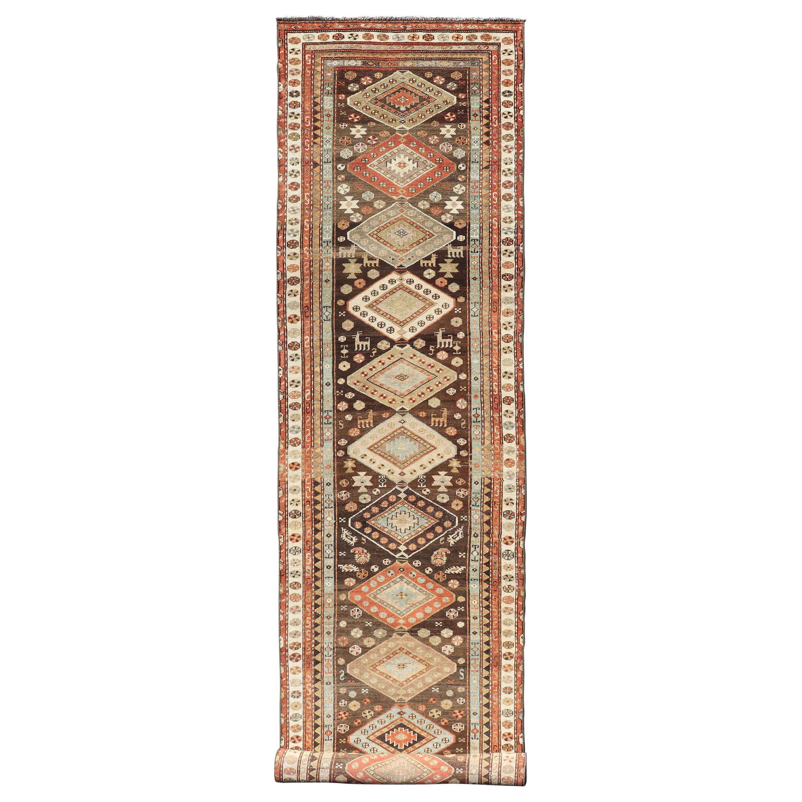 Long Persian Kurdish Runner with Medallion Design in Brown, Orange and Cream