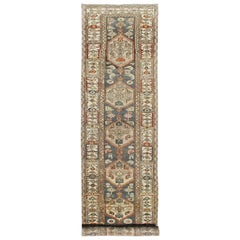 Antique Long Persian Kurdish Runner with Medallion Design in Charcoal, Ivory and Red
