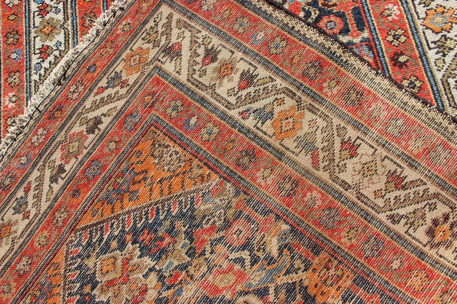 Malayer Long Persian Runner with Blue and Orange in Geometric All over Pattern For Sale