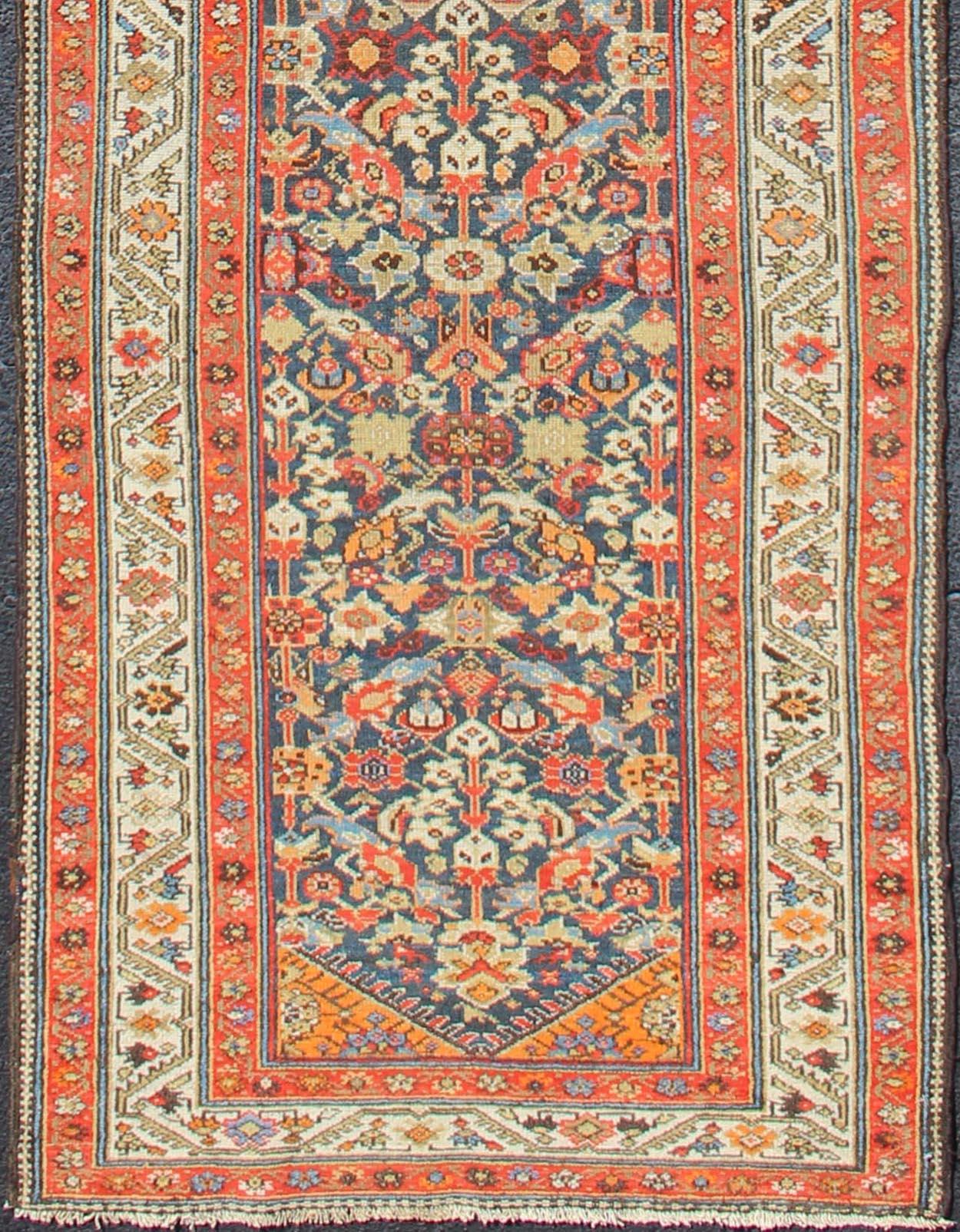 Hand-Knotted Long Persian Runner with Blue and Orange in Geometric All over Pattern For Sale