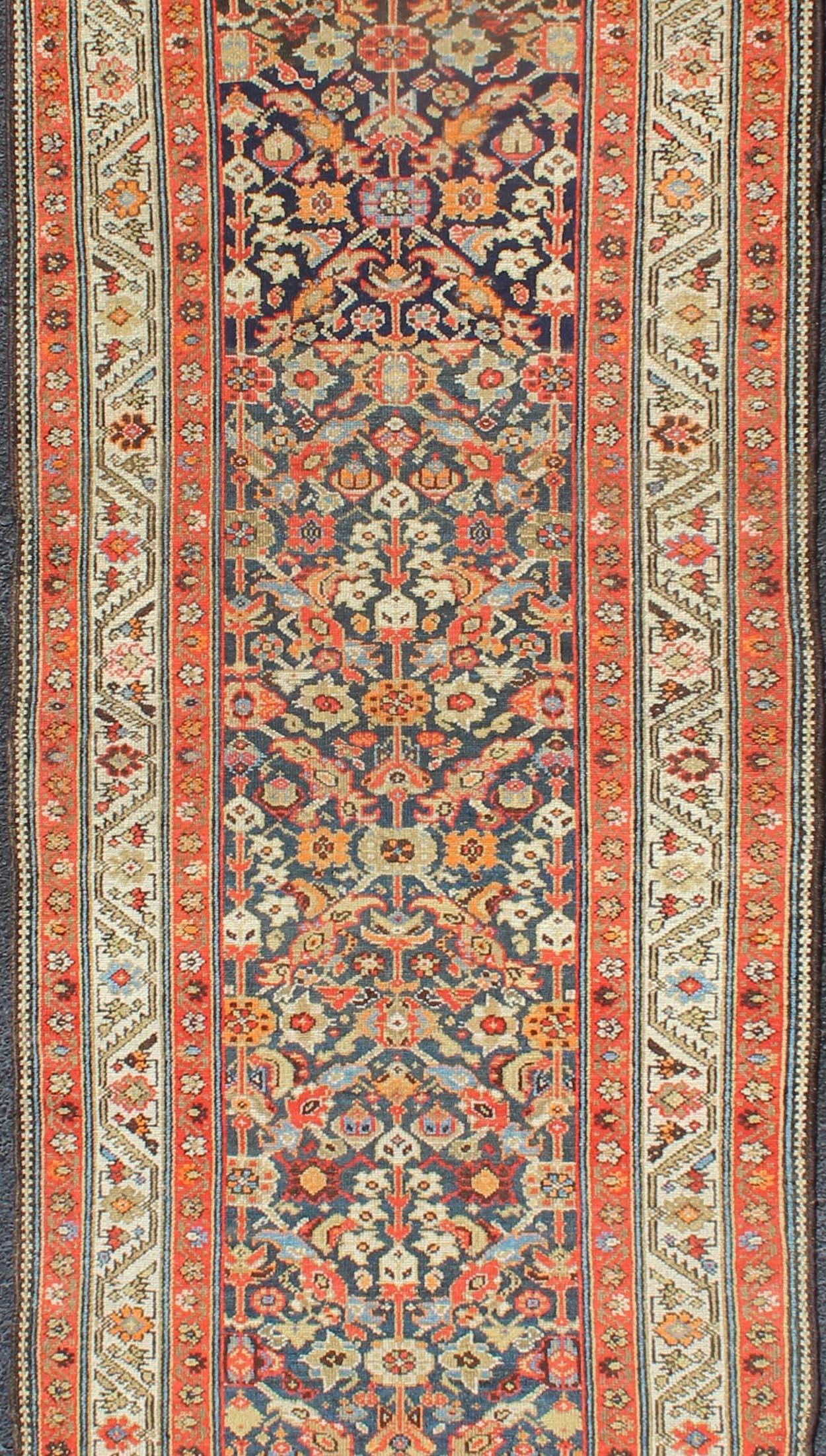 Long Persian Runner with Blue and Orange in Geometric All over Pattern In Good Condition For Sale In Atlanta, GA