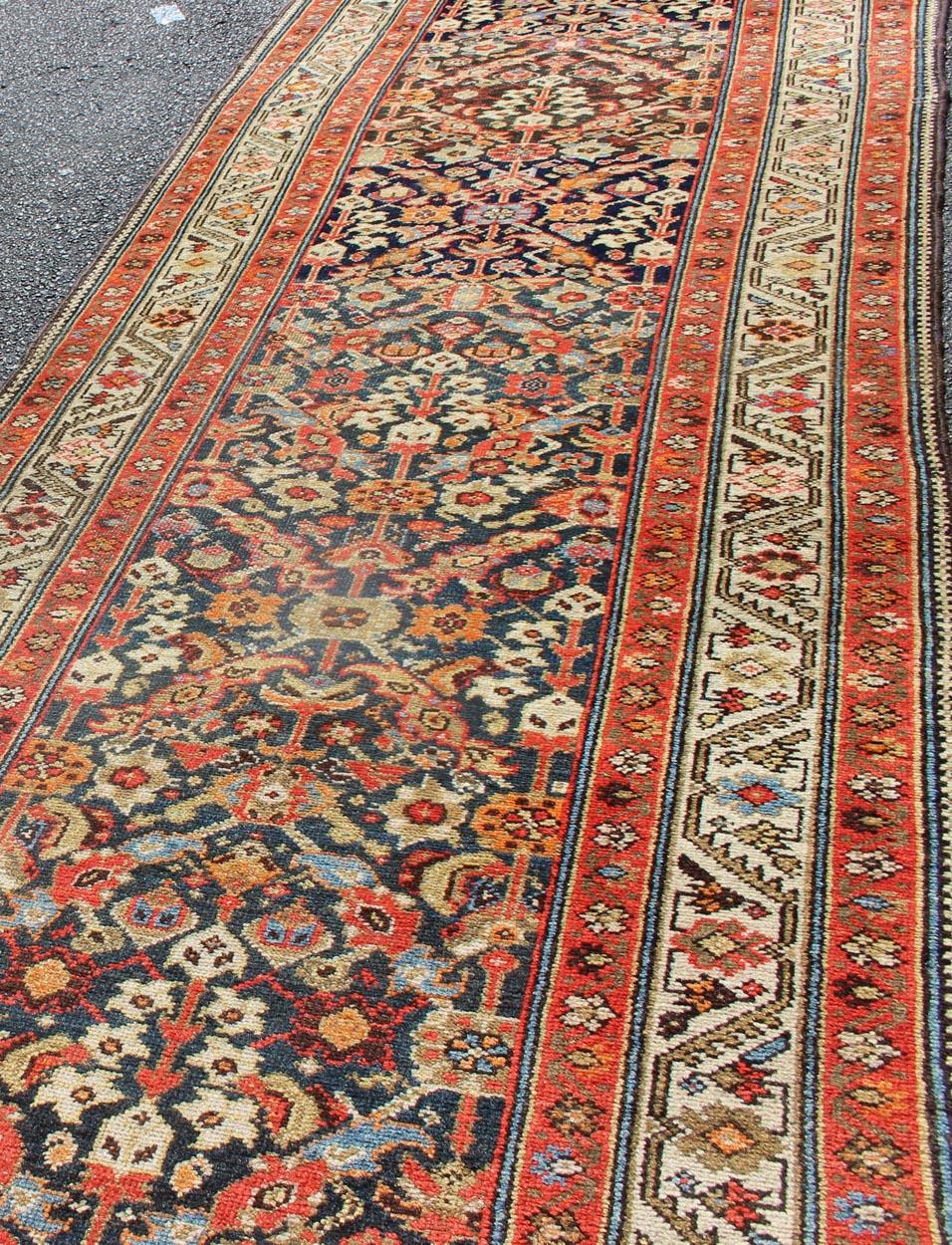20th Century Long Persian Runner with Blue and Orange in Geometric All over Pattern For Sale