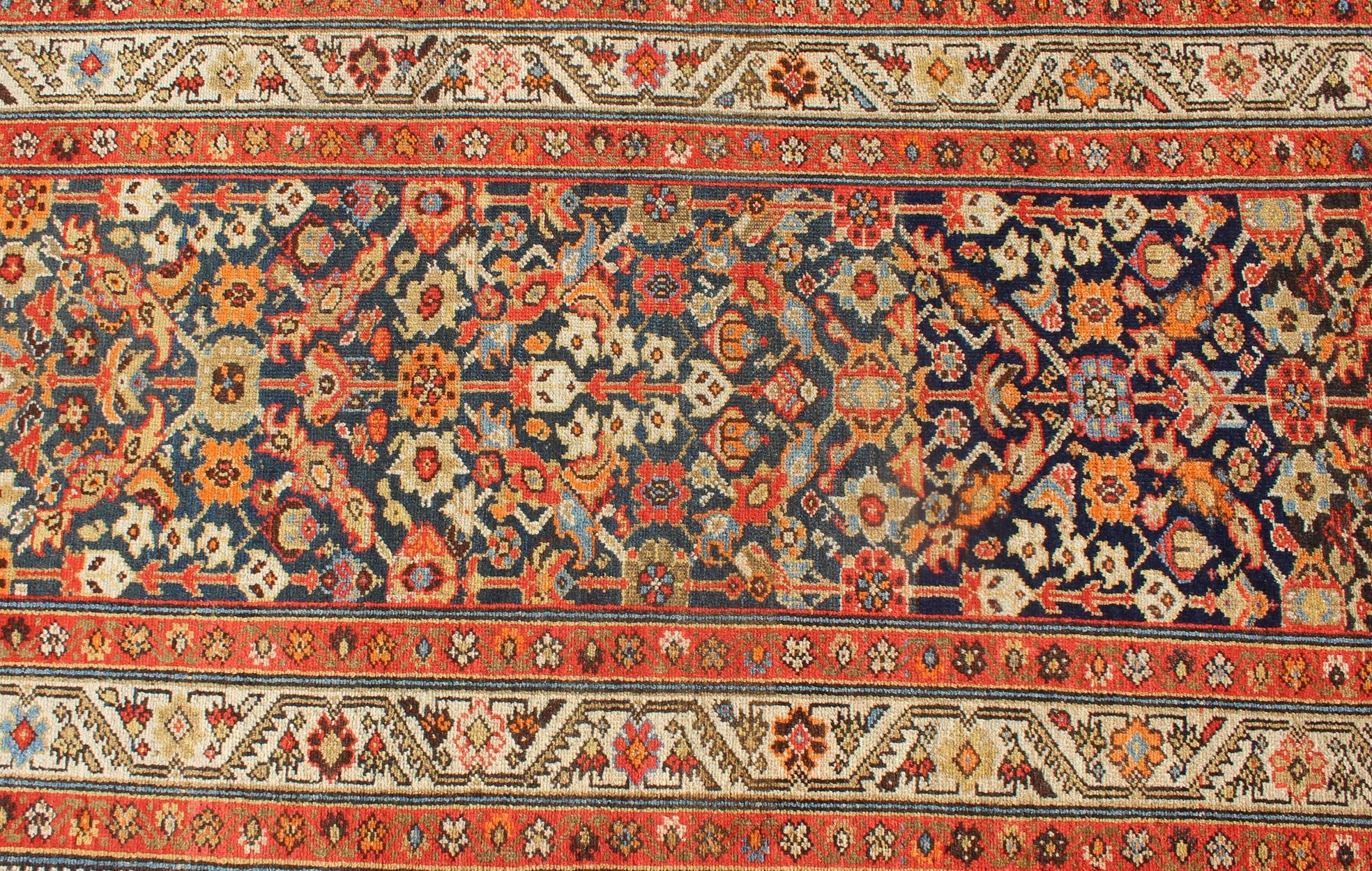 Wool Long Persian Runner with Blue and Orange in Geometric All over Pattern For Sale