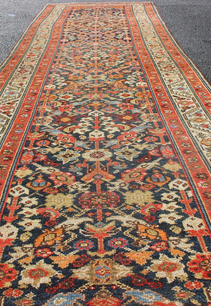Long Persian Runner with Blue and Orange in Geometric All over Pattern For Sale 1