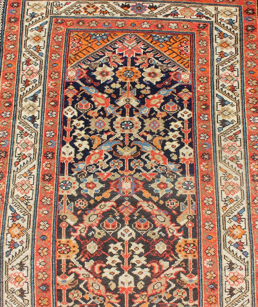 Long Persian Runner with Blue and Orange in Geometric All over Pattern For Sale 2
