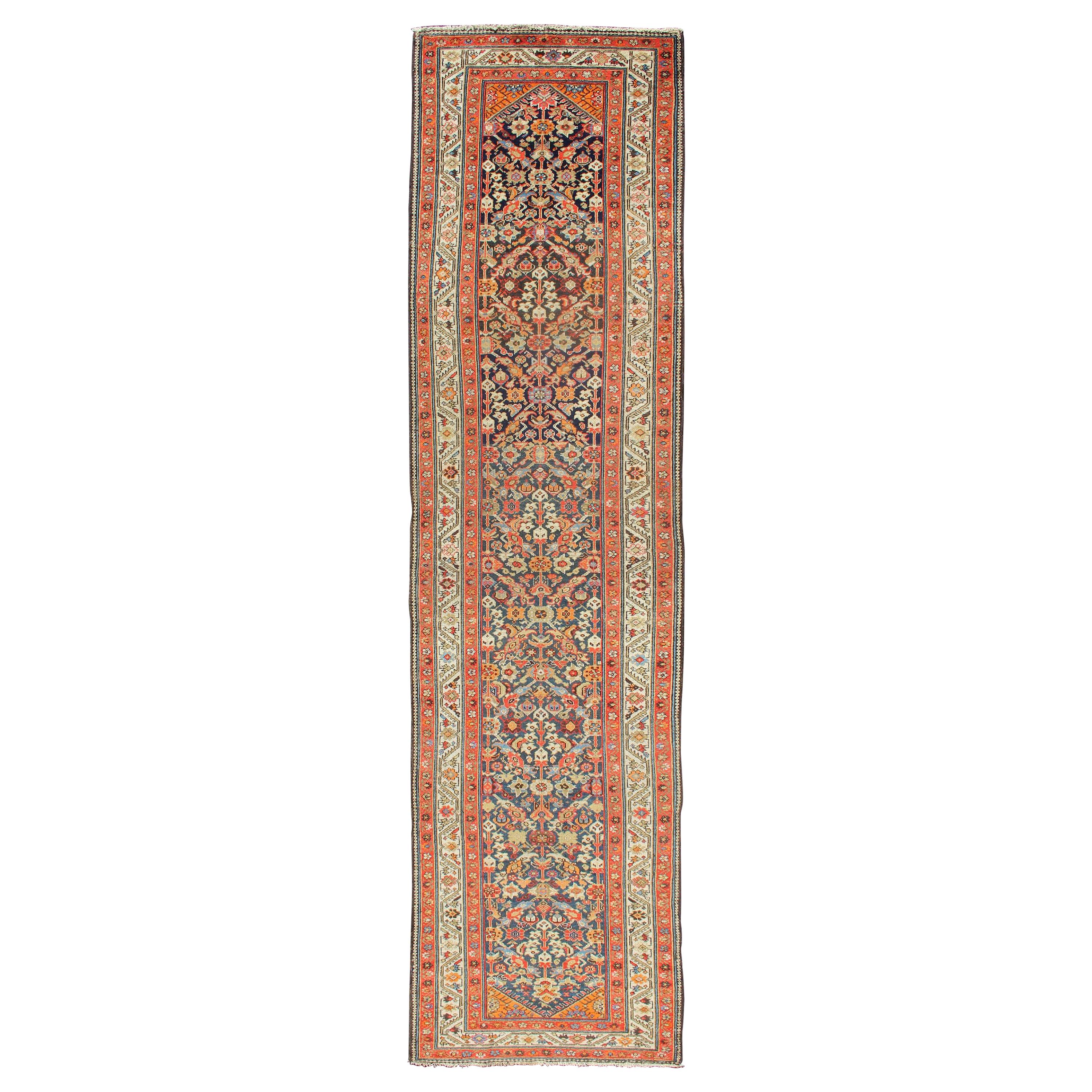 Long Persian Runner with Blue and Orange in Geometric All over Pattern For Sale