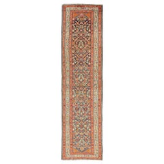 Antique Long Persian Runner with Blue and Orange in Geometric All over Pattern