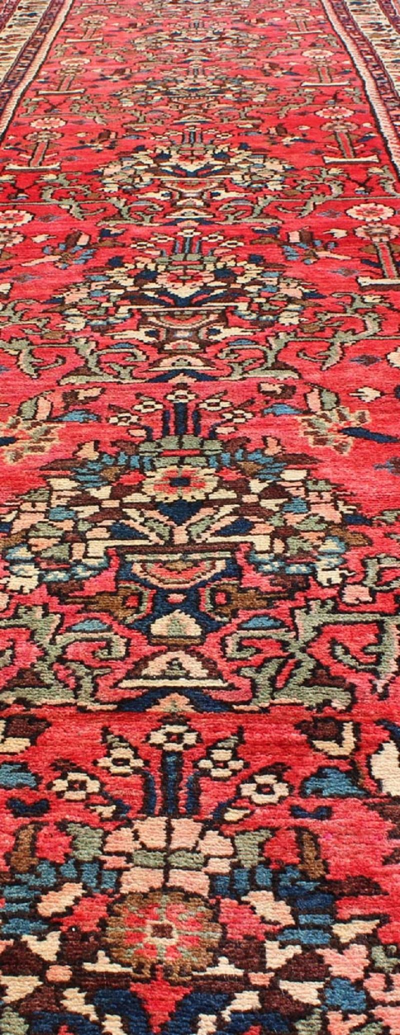 Very Long Semi Antique Persian Runner in Red Field and Green and Ivory Borders For Sale 3