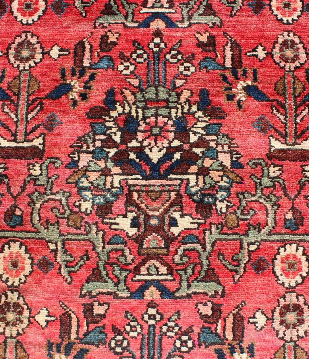 Very Long Semi Antique Persian Runner in Red Field and Green and Ivory Borders For Sale 4