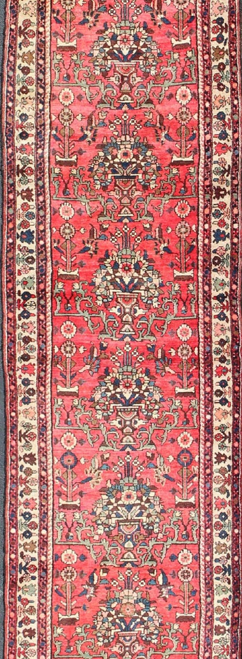 Malayer Very Long Semi Antique Persian Runner in Red Field and Green and Ivory Borders For Sale