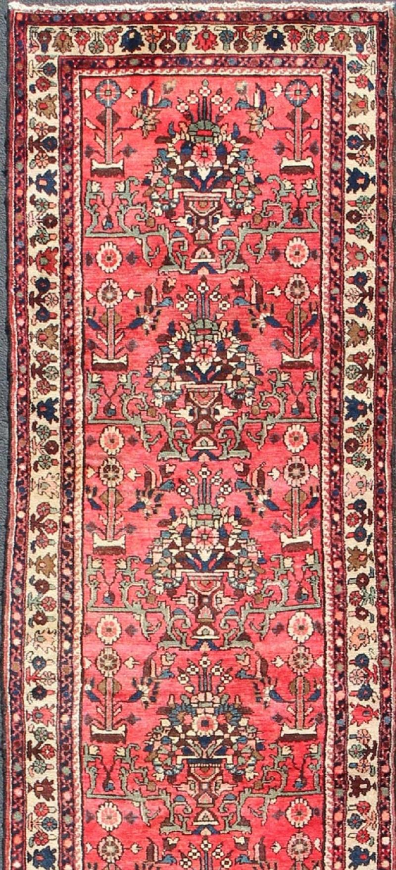 Hand-Knotted Very Long Semi Antique Persian Runner in Red Field and Green and Ivory Borders For Sale
