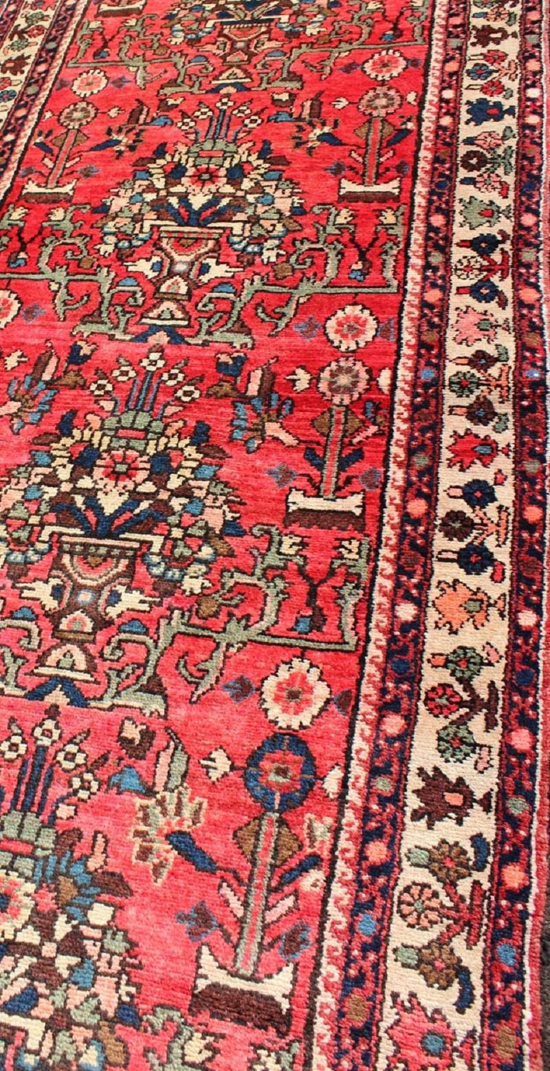 Very Long Semi Antique Persian Runner in Red Field and Green and Ivory Borders For Sale 1