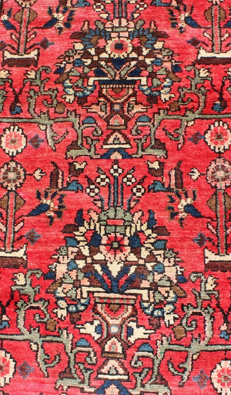 Very Long Semi Antique Persian Runner in Red Field and Green and Ivory Borders For Sale 2