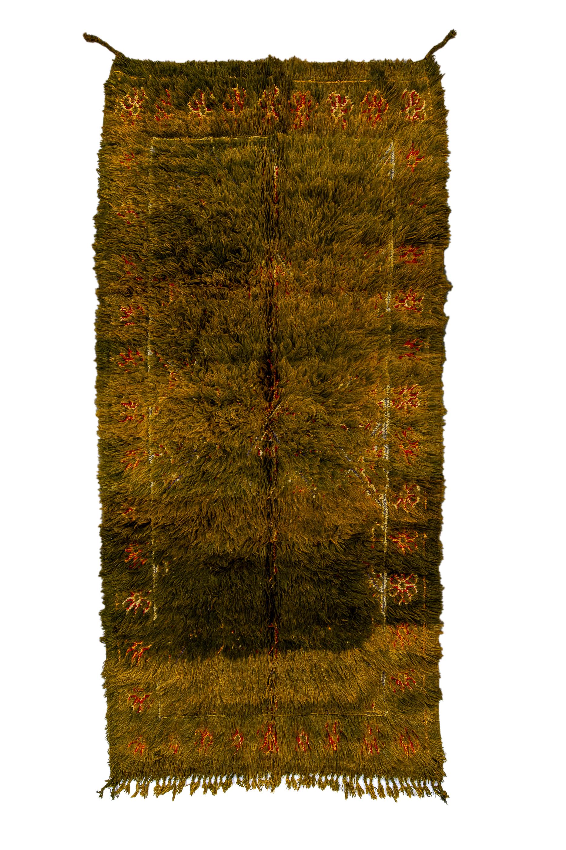 This extremely long pile rustic rug shows an  abrashed brown field, a string ecru inner boder, and a shaggy brown main frame. Full width of tassels at one end. Intended for maximal warmth on the coldest days. Coarse weave on wool. Good