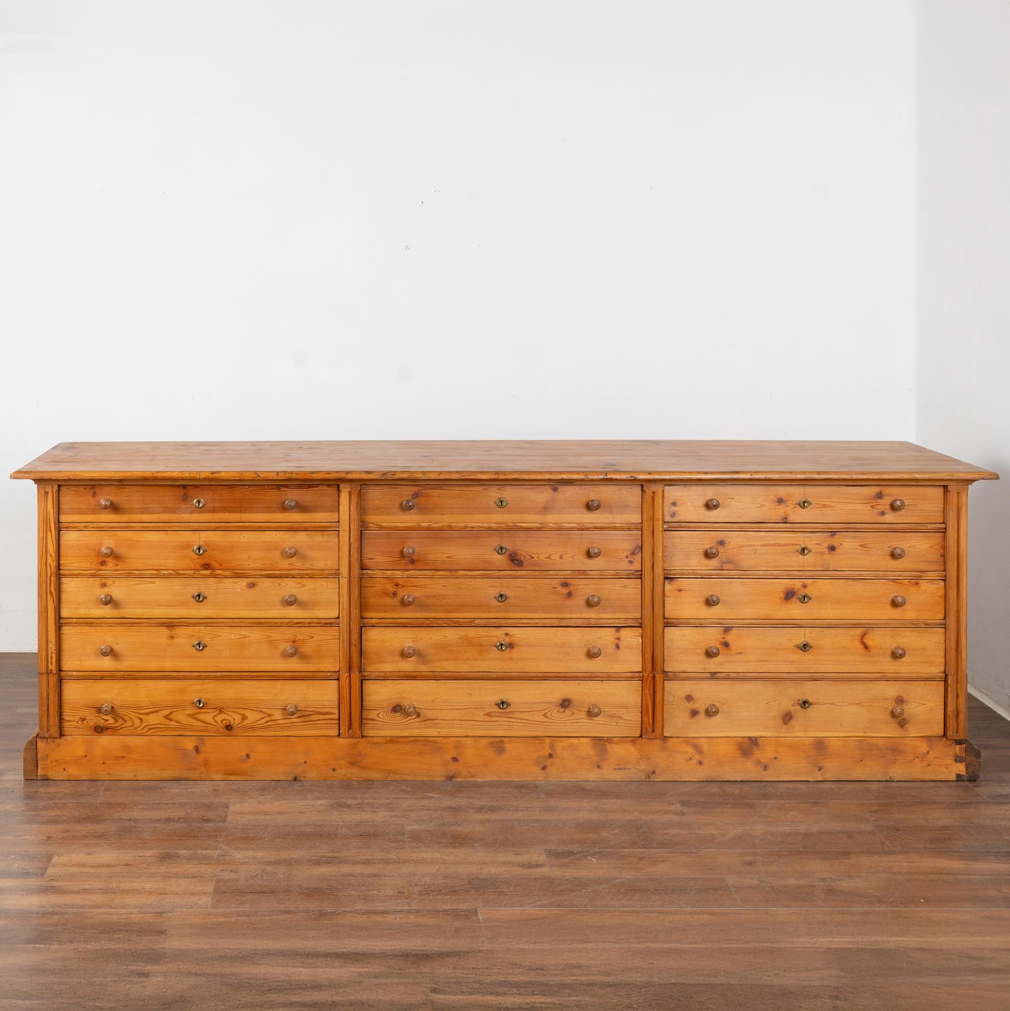 Danish Long Pine 15 Drawer Apothecary Counter Island, Denmark circa 1860-80